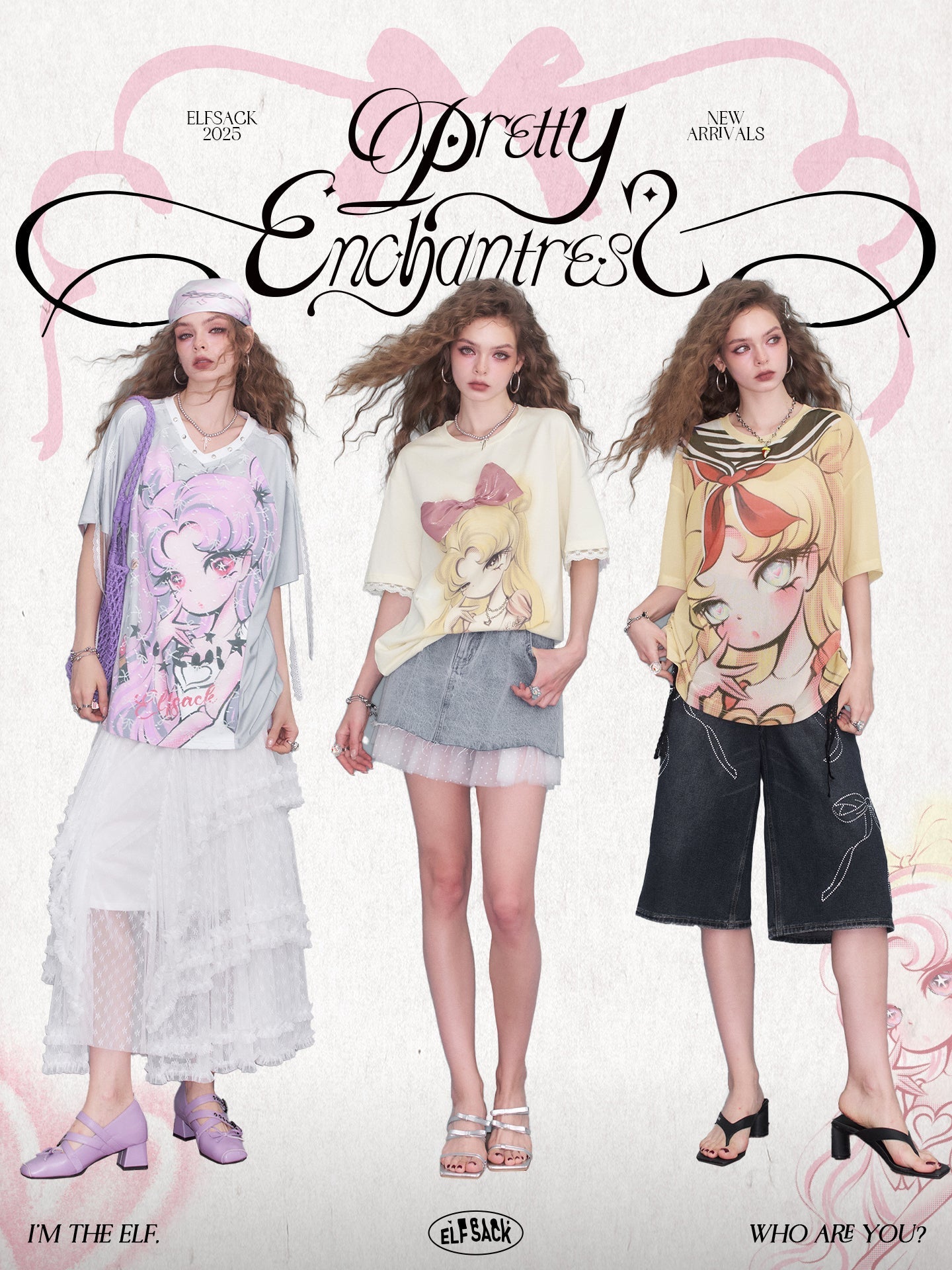 Pretty Enchantress collection featuring anime-inspired pastel graphic tees styled with skirts and shorts
