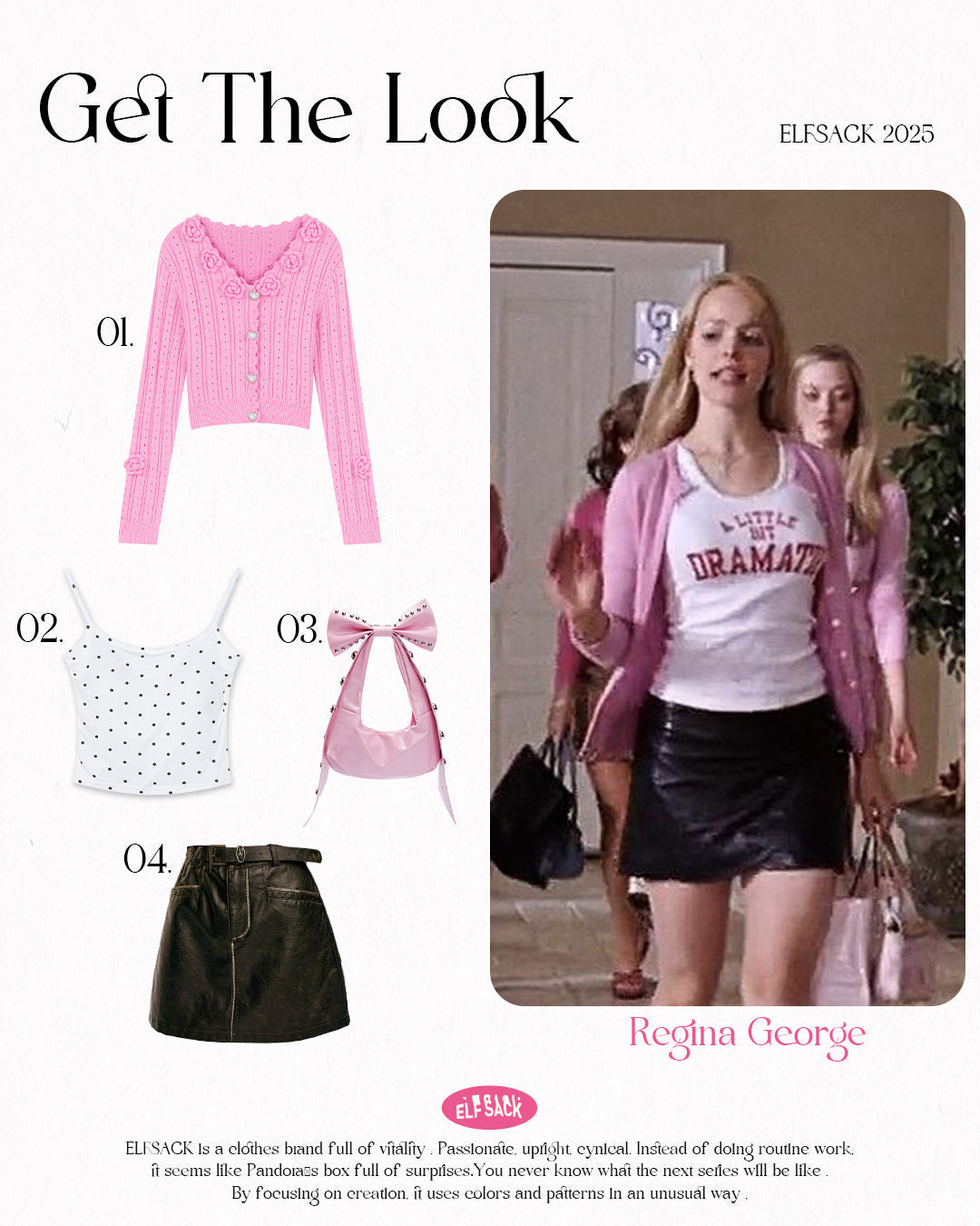 ELFSACK 2025 pink cardigan, polka dot top, mini skirt, and accessories inspired by Mean Girls Regina George outfit