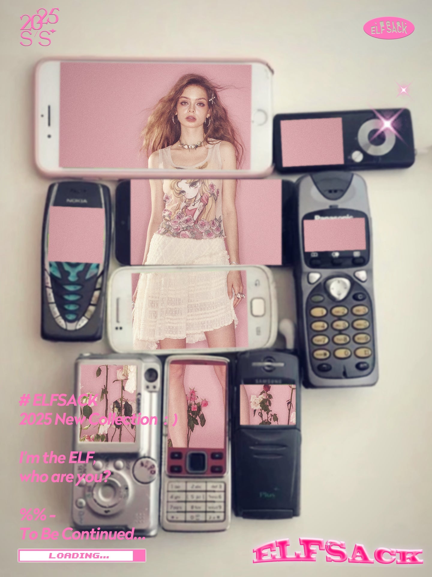 Fashion model in white dress displayed on various vintage and modern mobile phones showcasing ELF SACK 2025 collection