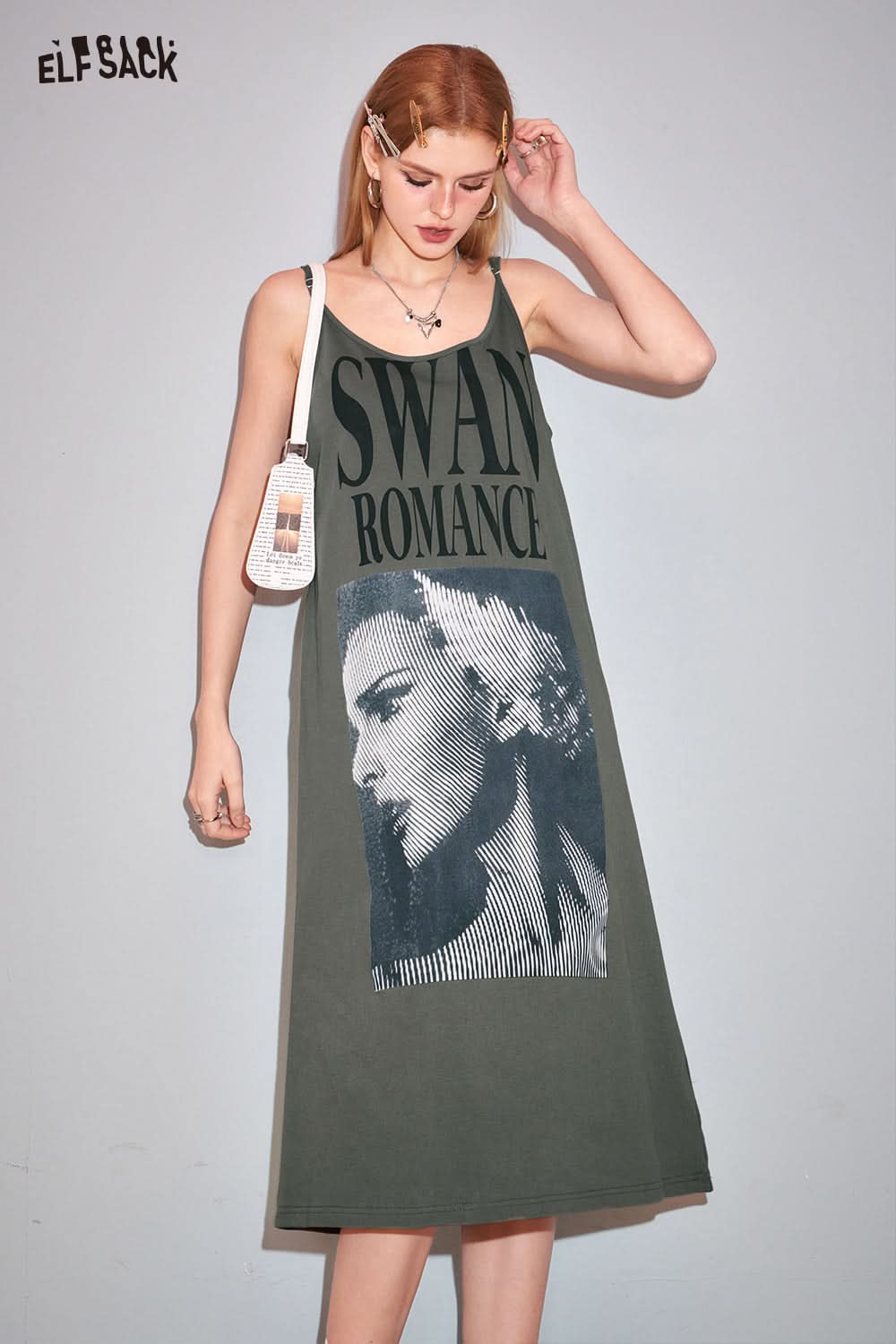 ELFSACK American style u-neck poster printing slip dress fashion loose casual bdress pullovers mid long length dress