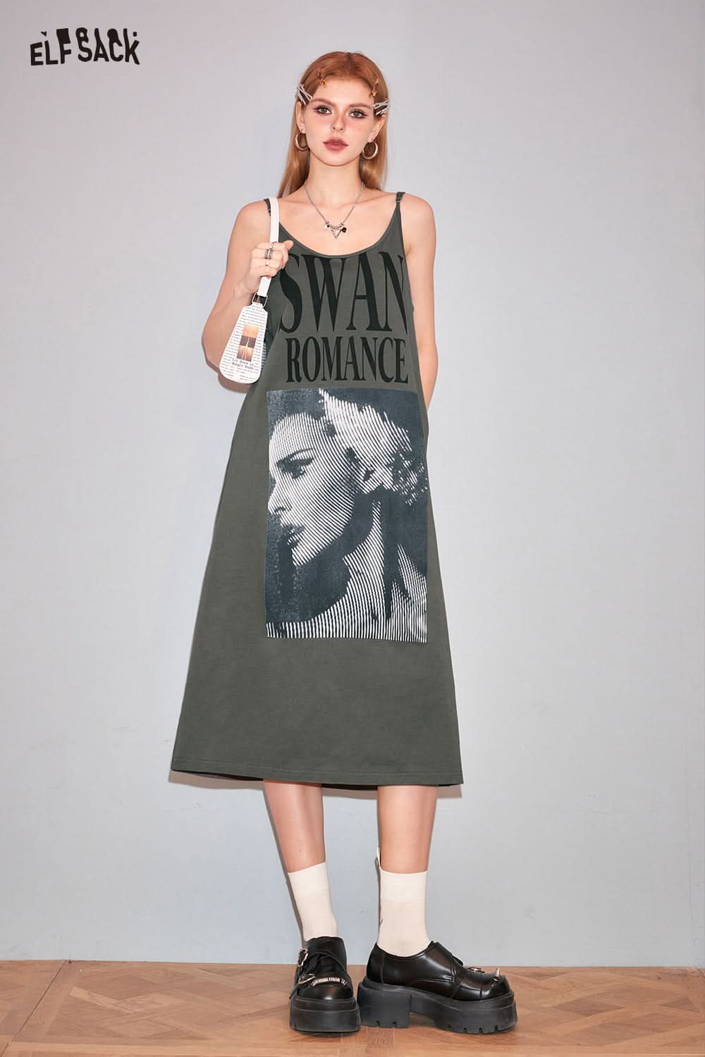 ELFSACK American style u-neck poster printing slip dress fashion loose casual bdress pullovers mid long length dress