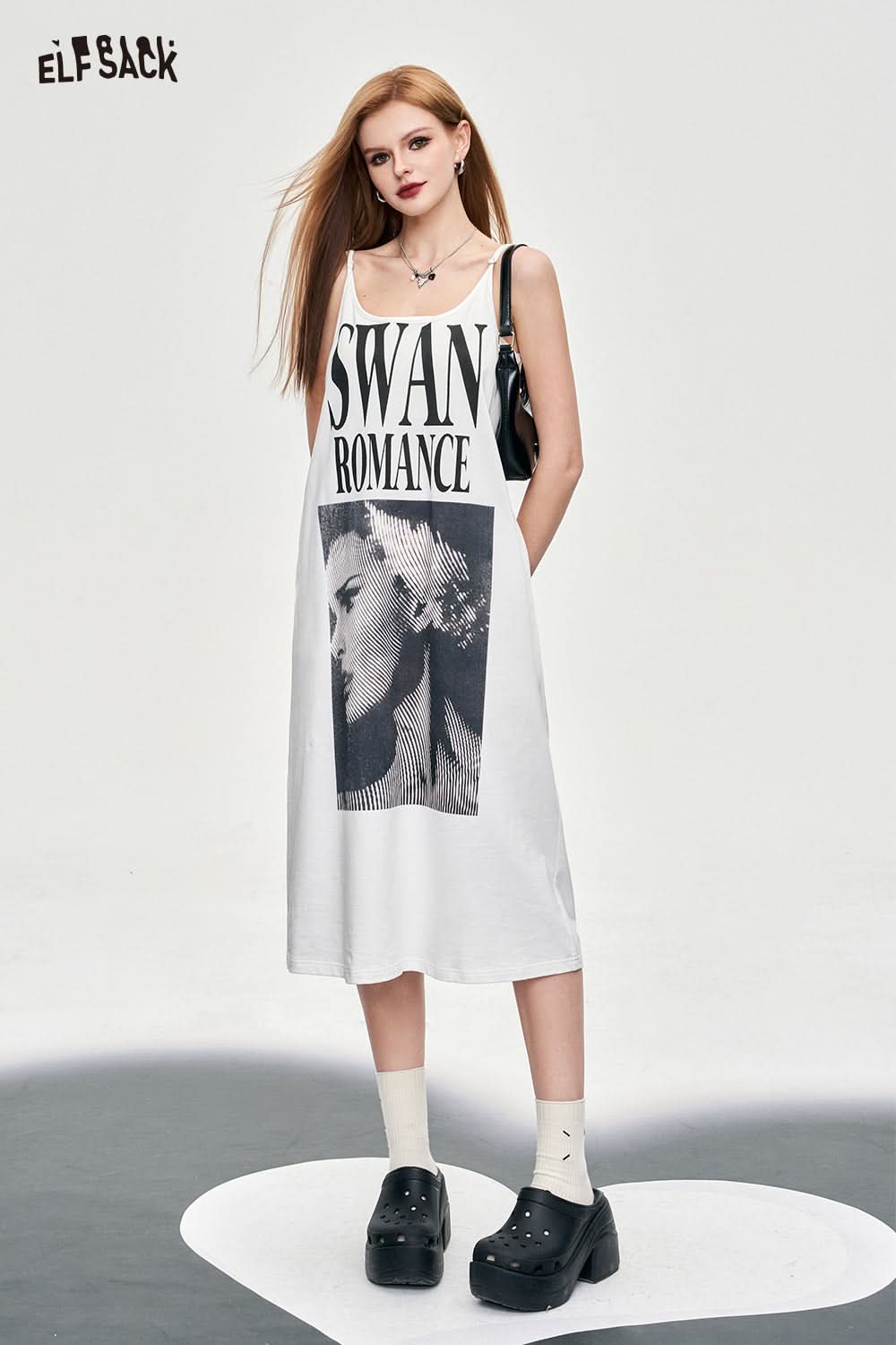 ELFSACK American style u-neck poster printing slip dress fashion loose casual bdress pullovers mid long length dress