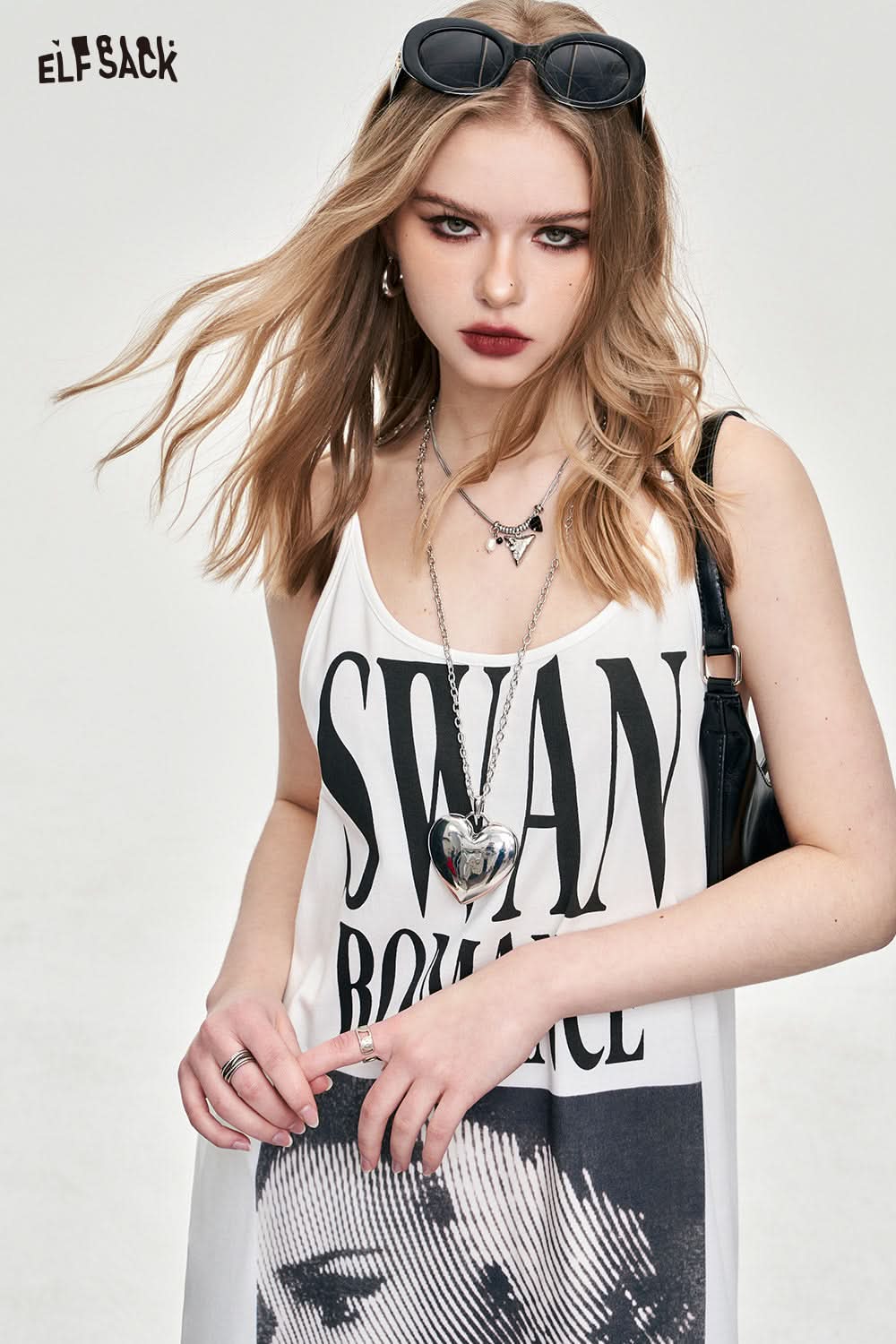 ELFSACK American style u-neck poster printing slip dress fashion loose casual bdress pullovers mid long length dress