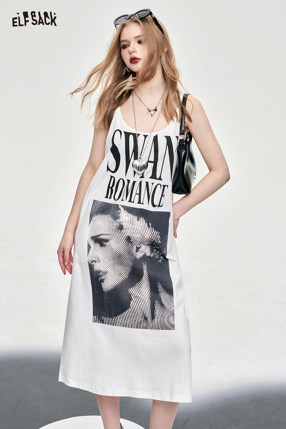 ELFSACK American style u-neck poster printing slip dress fashion loose casual bdress pullovers mid long length dress