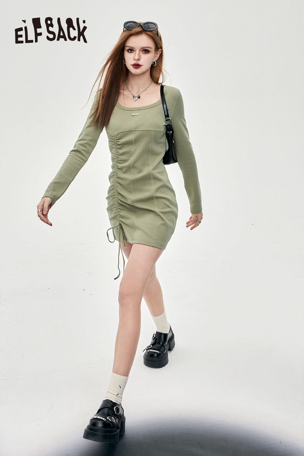 ELFSACK European and American Style long sleeve solid color dress fit in spring pullover drawstring plicated street style u-neck dress