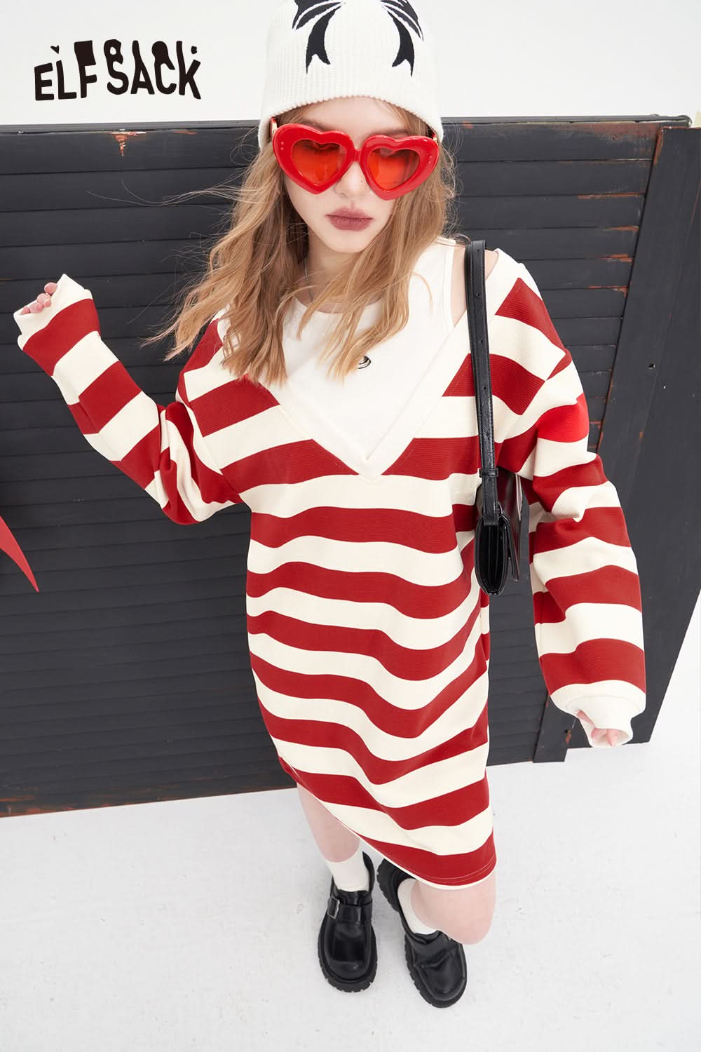 ELFSACK slip stripe off the shoulder knit fabric women's t-shirt dress spring mid long length casual style dress crew neck fake two pieces stripe dress