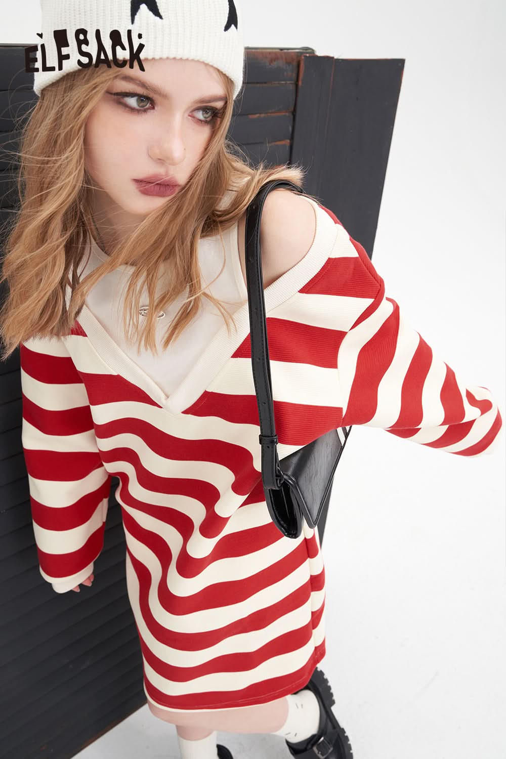 ELFSACK slip stripe off the shoulder knit fabric women's t-shirt dress spring mid long length casual style dress crew neck fake two pieces stripe dress
