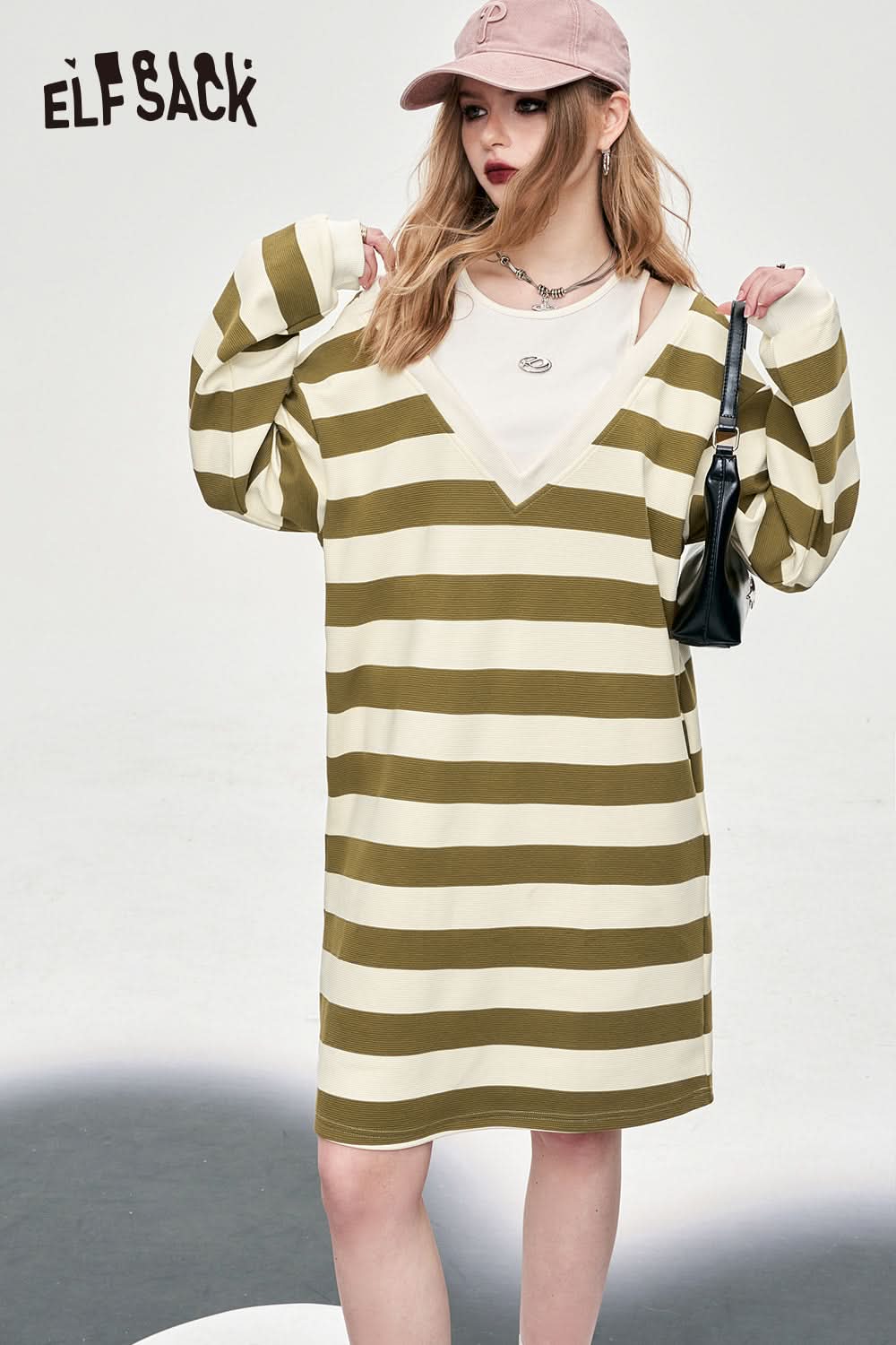 ELFSACK slip stripe off the shoulder knit fabric women's t-shirt dress spring mid long length casual style dress crew neck fake two pieces stripe dress