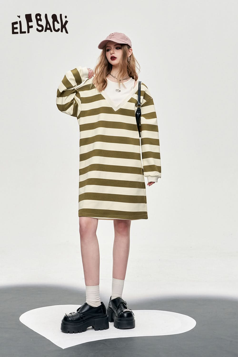 ELFSACK slip stripe off the shoulder knit fabric women's t-shirt dress spring mid long length casual style dress crew neck fake two pieces stripe dress