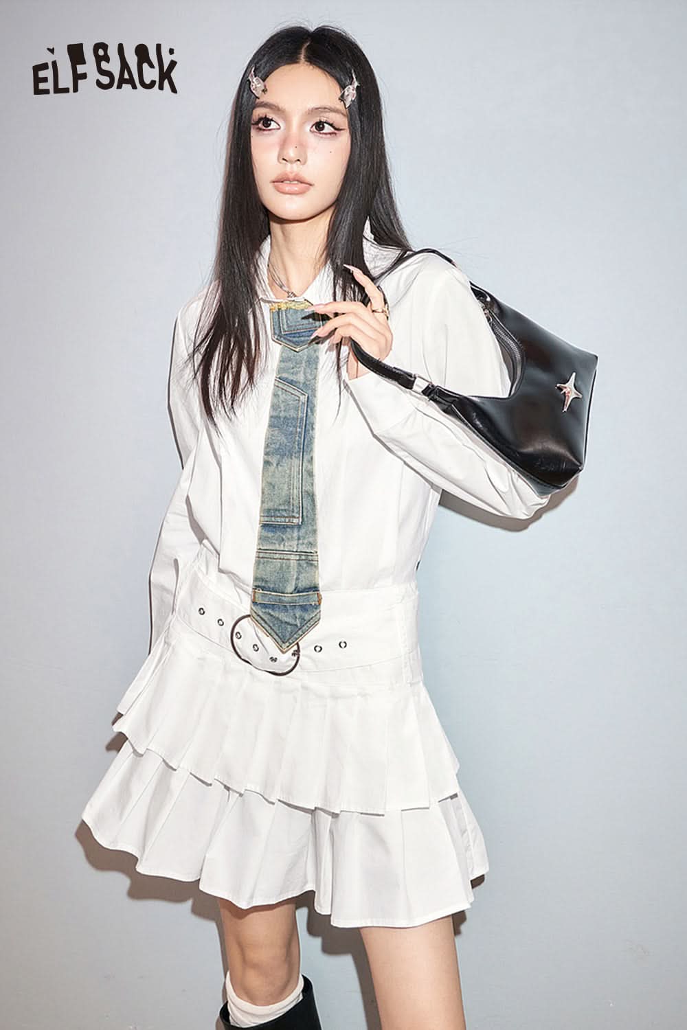 ELFSACK American Style academic style white women's shirting dress fit in spring lapel casual long sleeve A-line dress