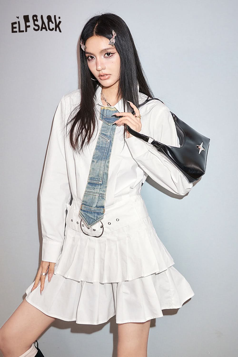 ELFSACK American Style academic style white women's shirting dress fit in spring lapel casual long sleeve A-line dress