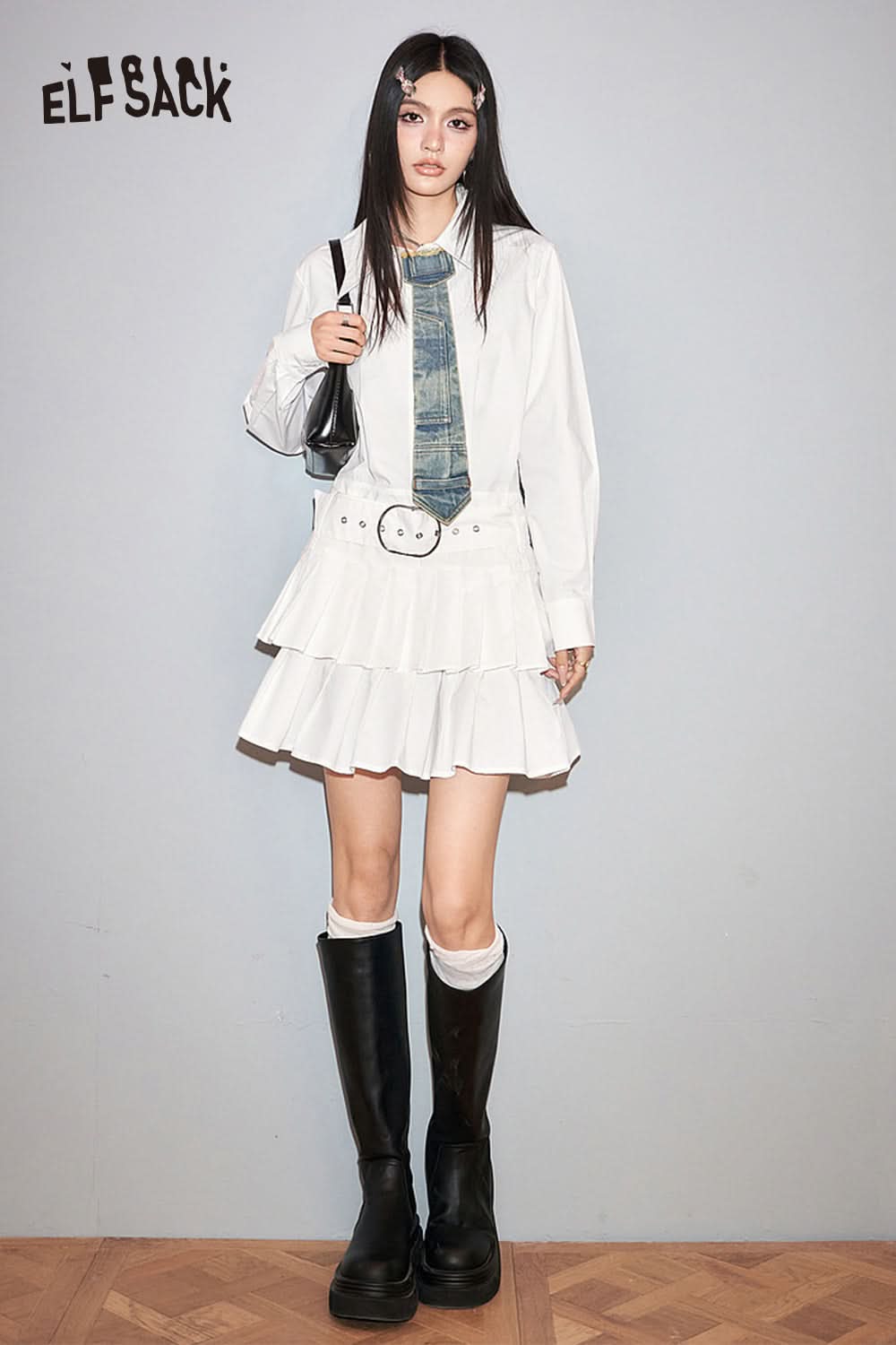 ELFSACK American Style academic style white women's shirting dress fit in spring lapel casual long sleeve A-line dress