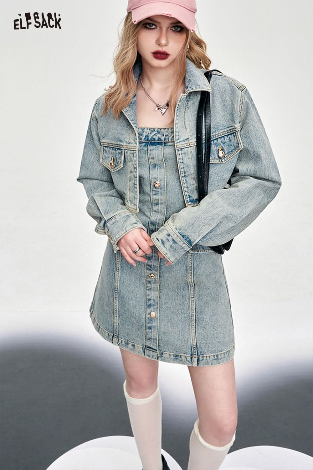 ELFSACK American style spring slim denim dress set young and sweet style dress A pendulum short length button front dress