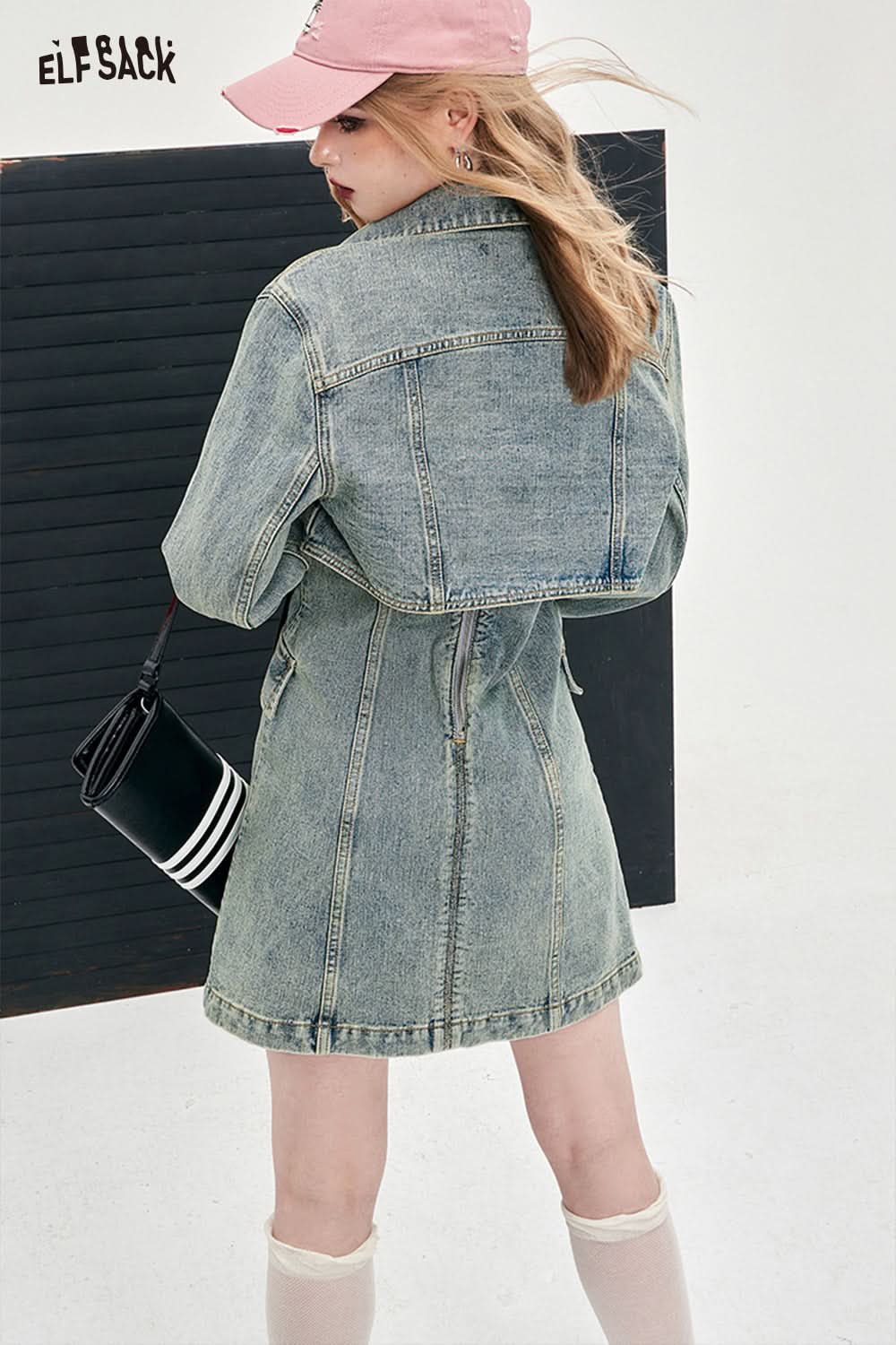 ELFSACK American style spring slim denim dress set young and sweet style dress A pendulum short length button front dress