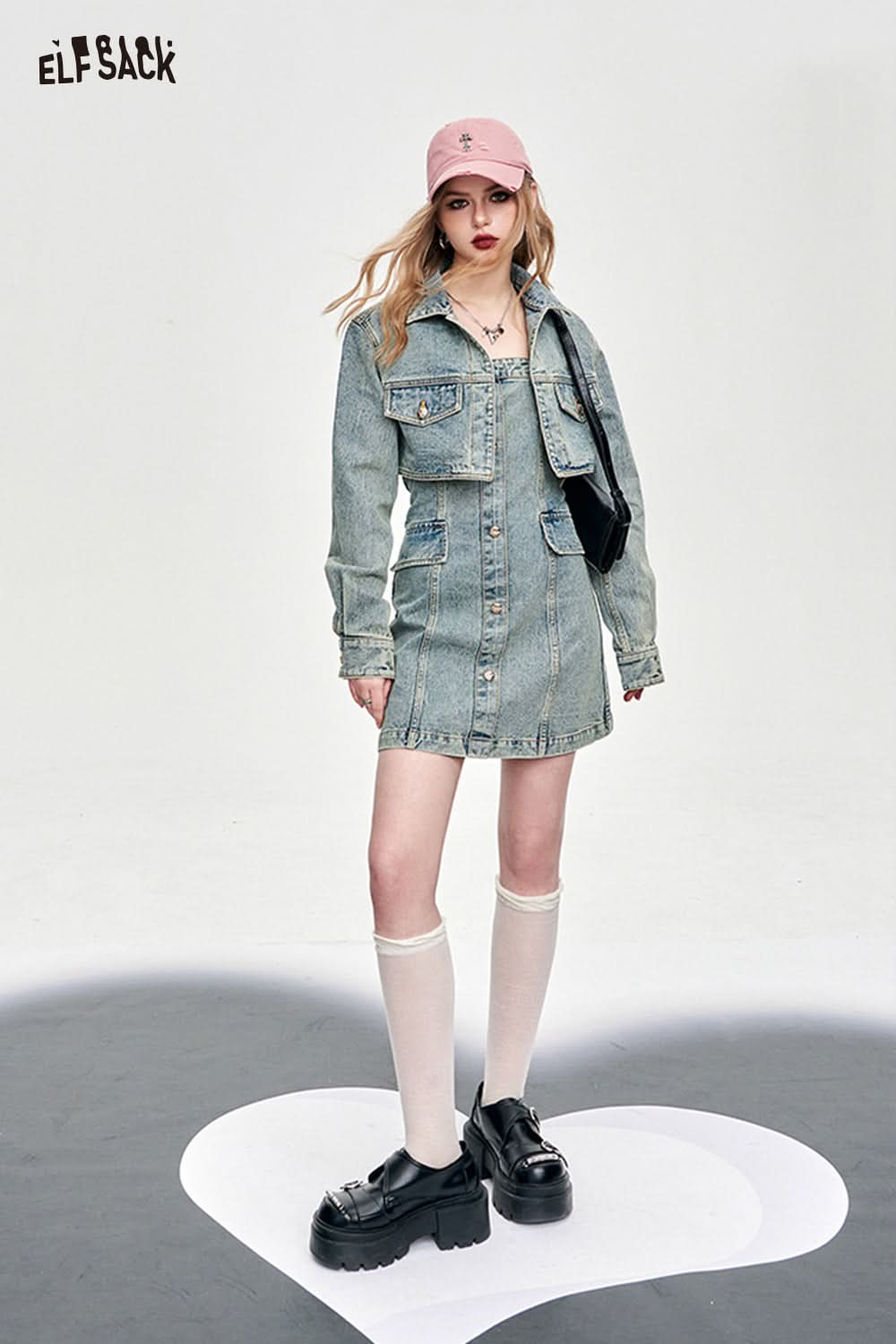 ELFSACK American style spring slim denim dress set young and sweet style dress A pendulum short length button front dress