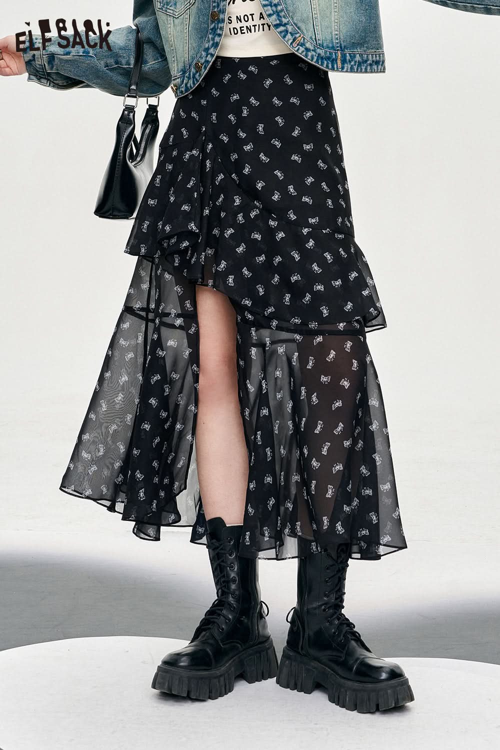 ELFSACK versatile high rise slit floral printing dress spring thin mid long length A pendulum irregular skirt