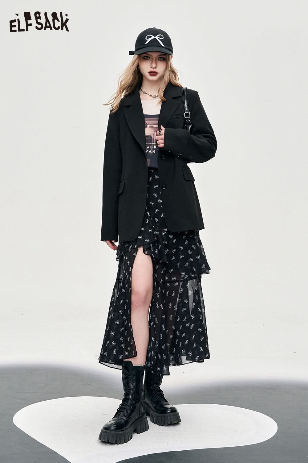 ELFSACK versatile high rise slit floral printing dress spring thin mid long length A pendulum irregular skirt