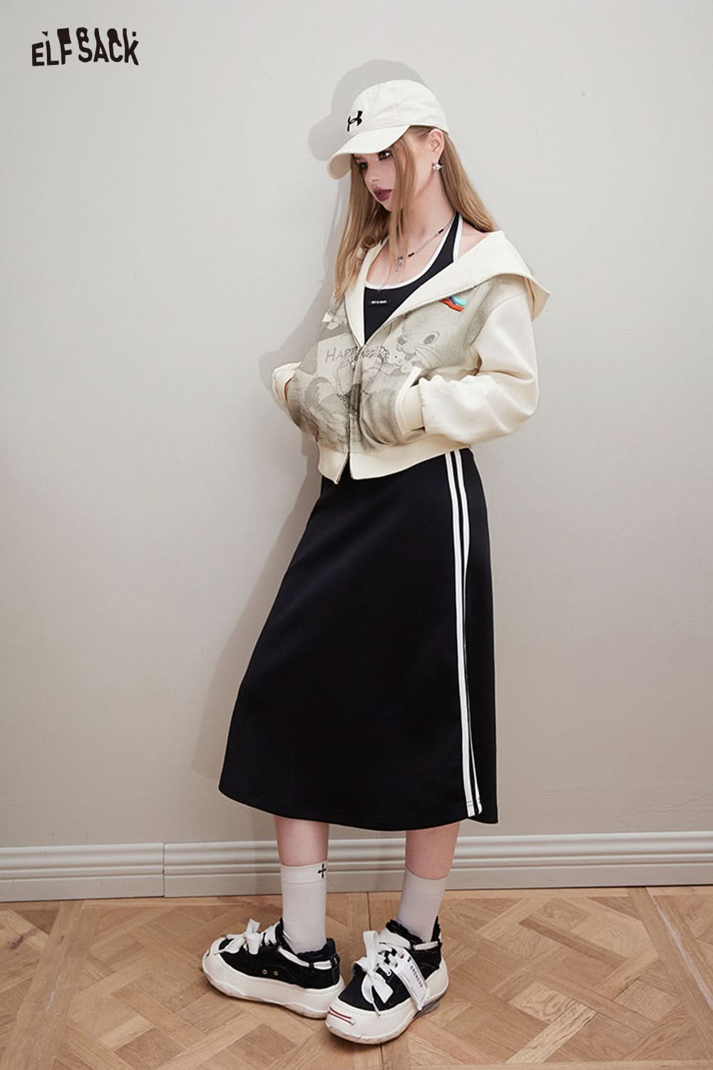 ELFSACK Sports style black suspender dress's spring slimming hanging neck long skirt