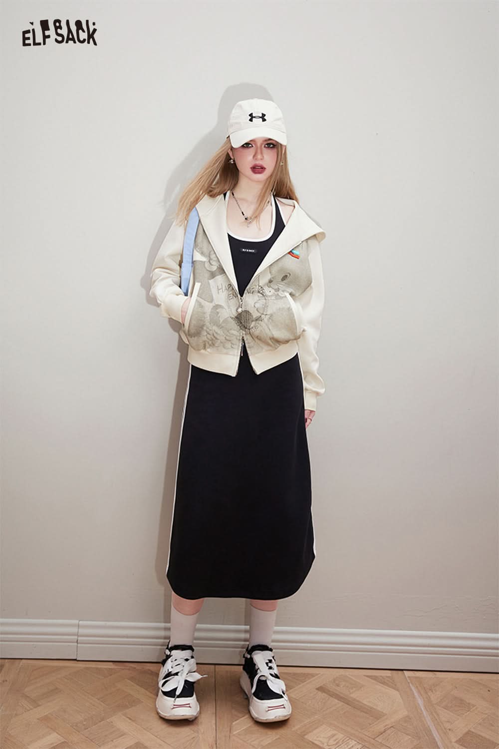 ELFSACK Sports style black suspender dress's spring slimming hanging neck long skirt
