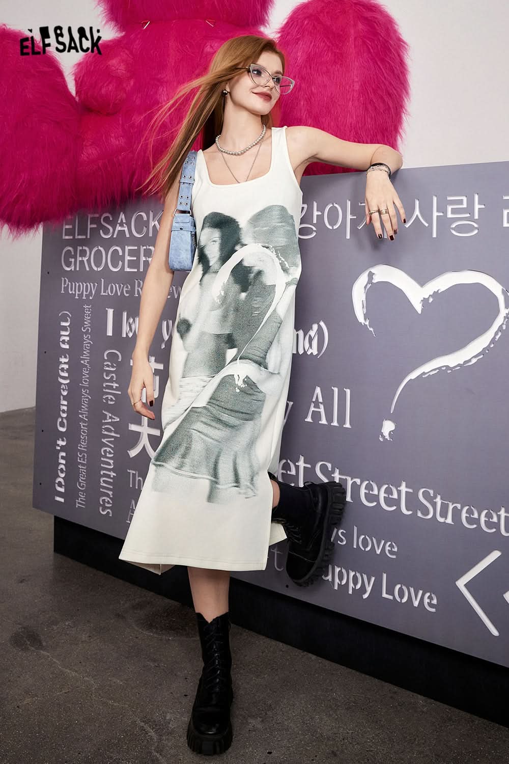 ELFSACK Retro poster printed camisole dress in spring with a slimming design feel