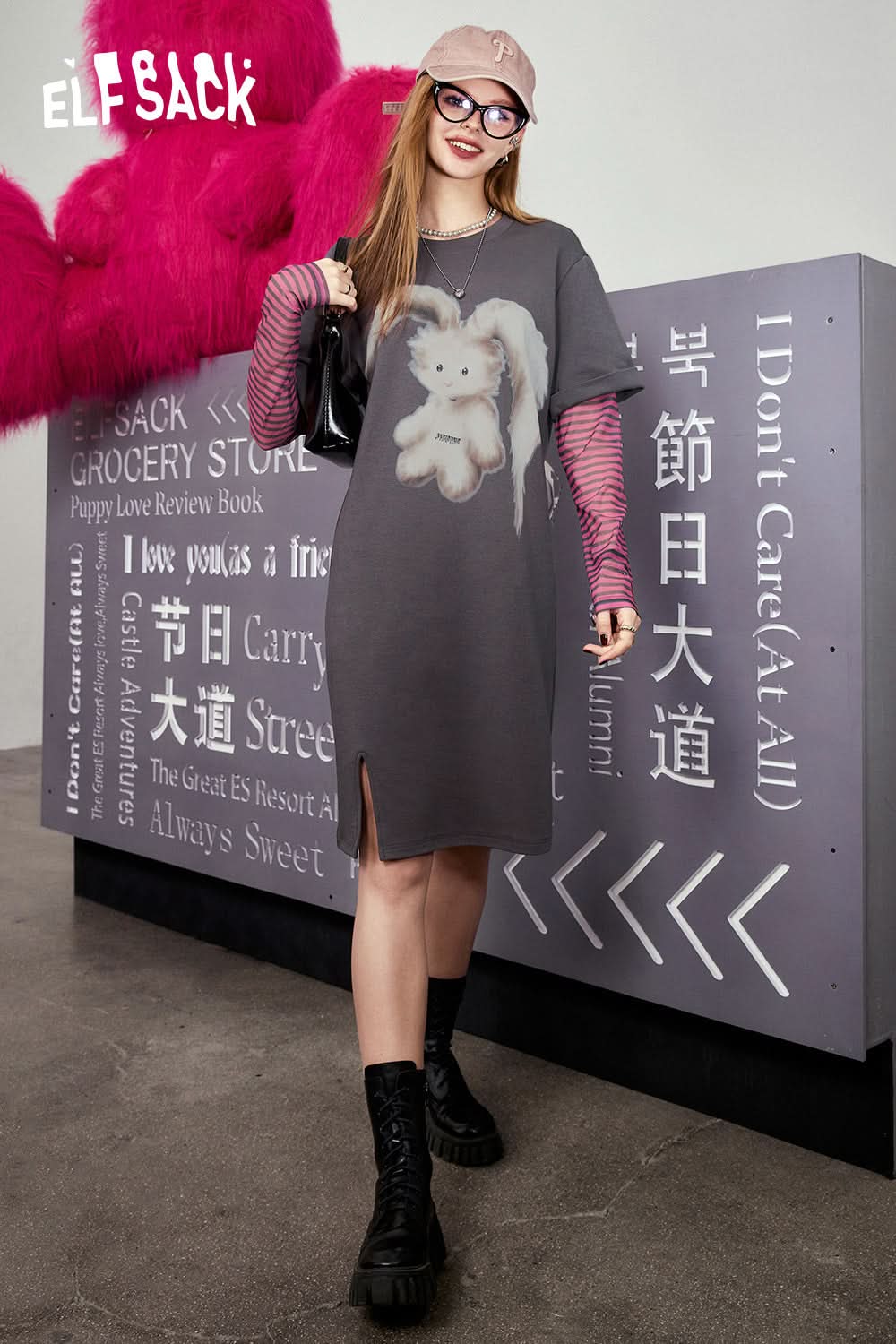 ELFSACK Fake two rabbit printed t-shirt dresses's spring slimming loose fitting dress