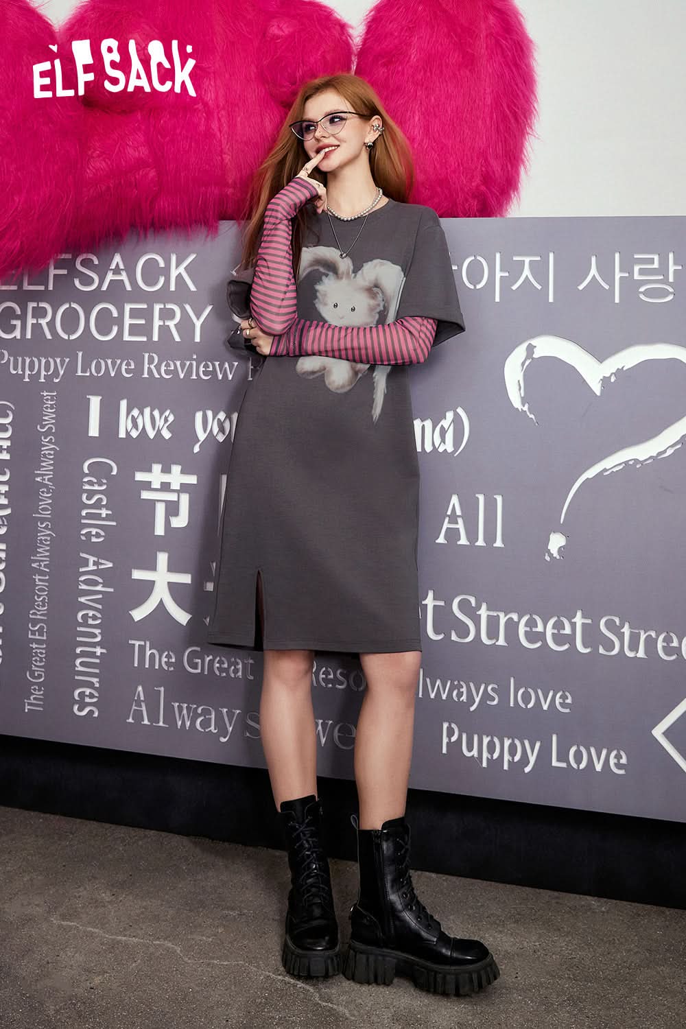 ELFSACK Fake two rabbit printed t-shirt dresses's spring slimming loose fitting dress