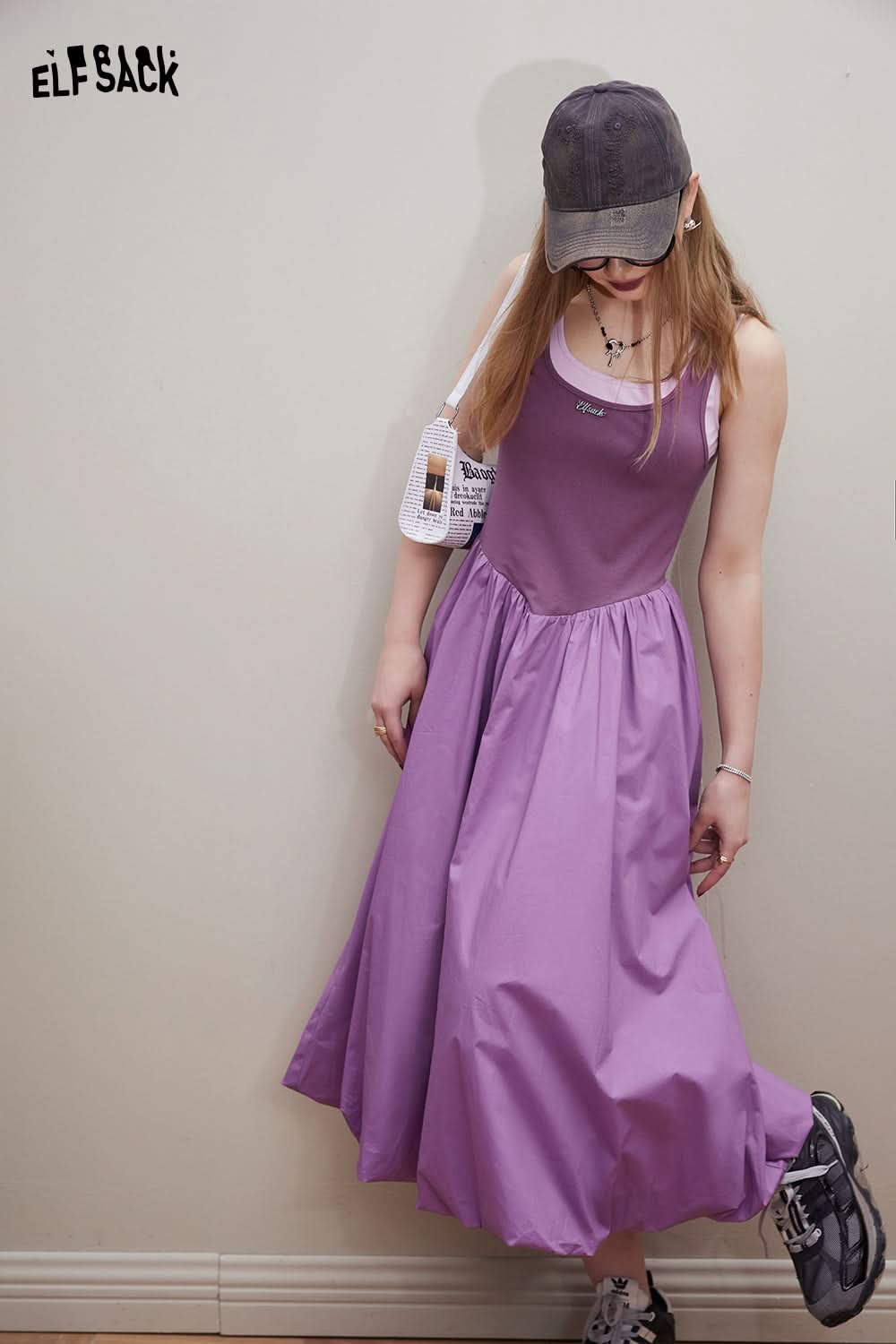 ELFSACK Knitted splicing slim fit suspender dress's small stature design feeling skirt