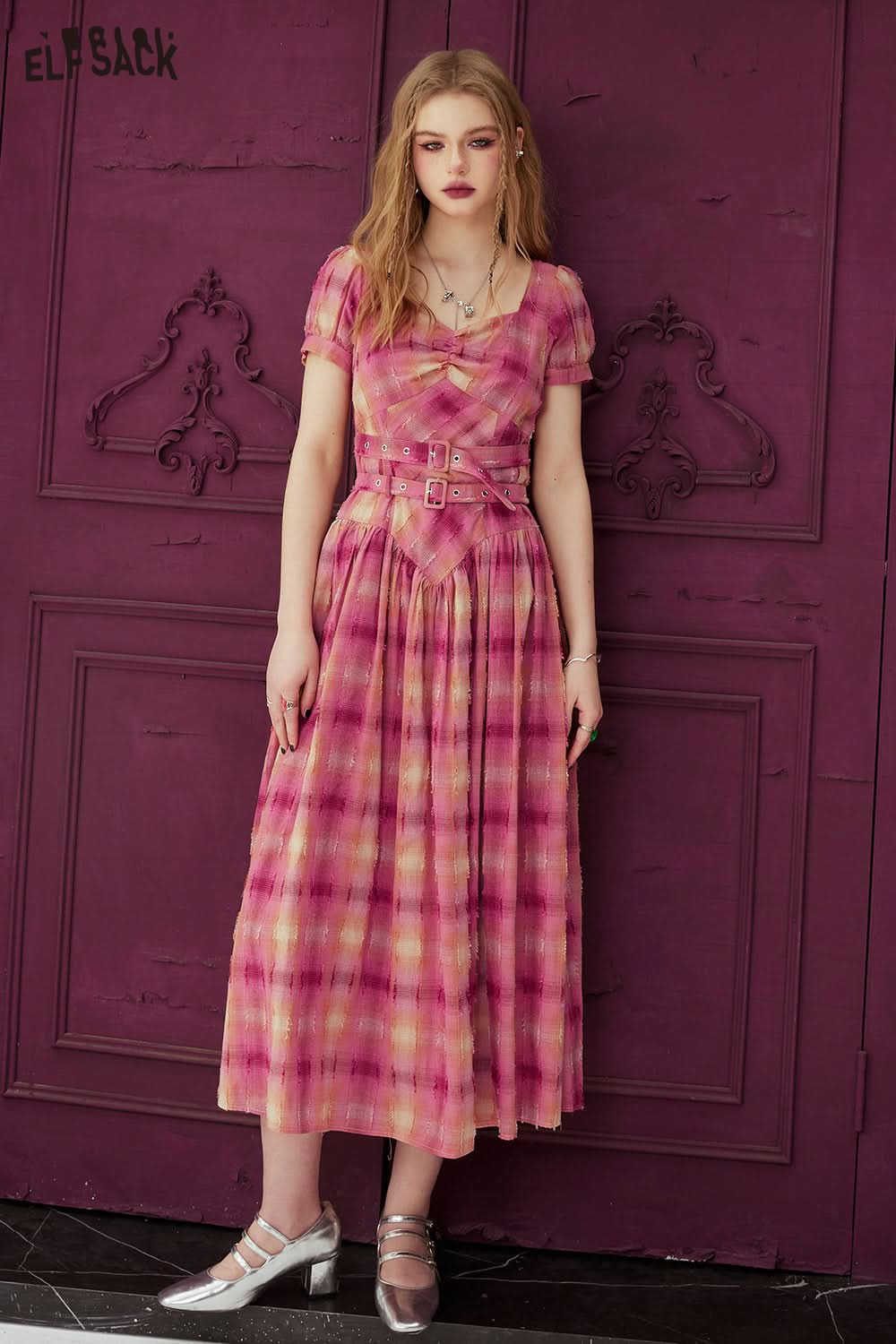 ELFSACK Bubble sleeve plaid dress in spring, casual waist tightening and slimming princess dress