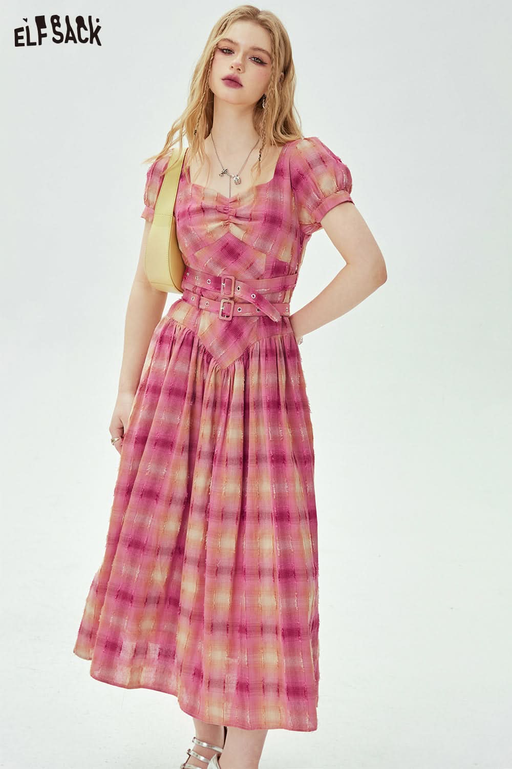 ELFSACK Bubble sleeve plaid dress in spring, casual waist tightening and slimming princess dress