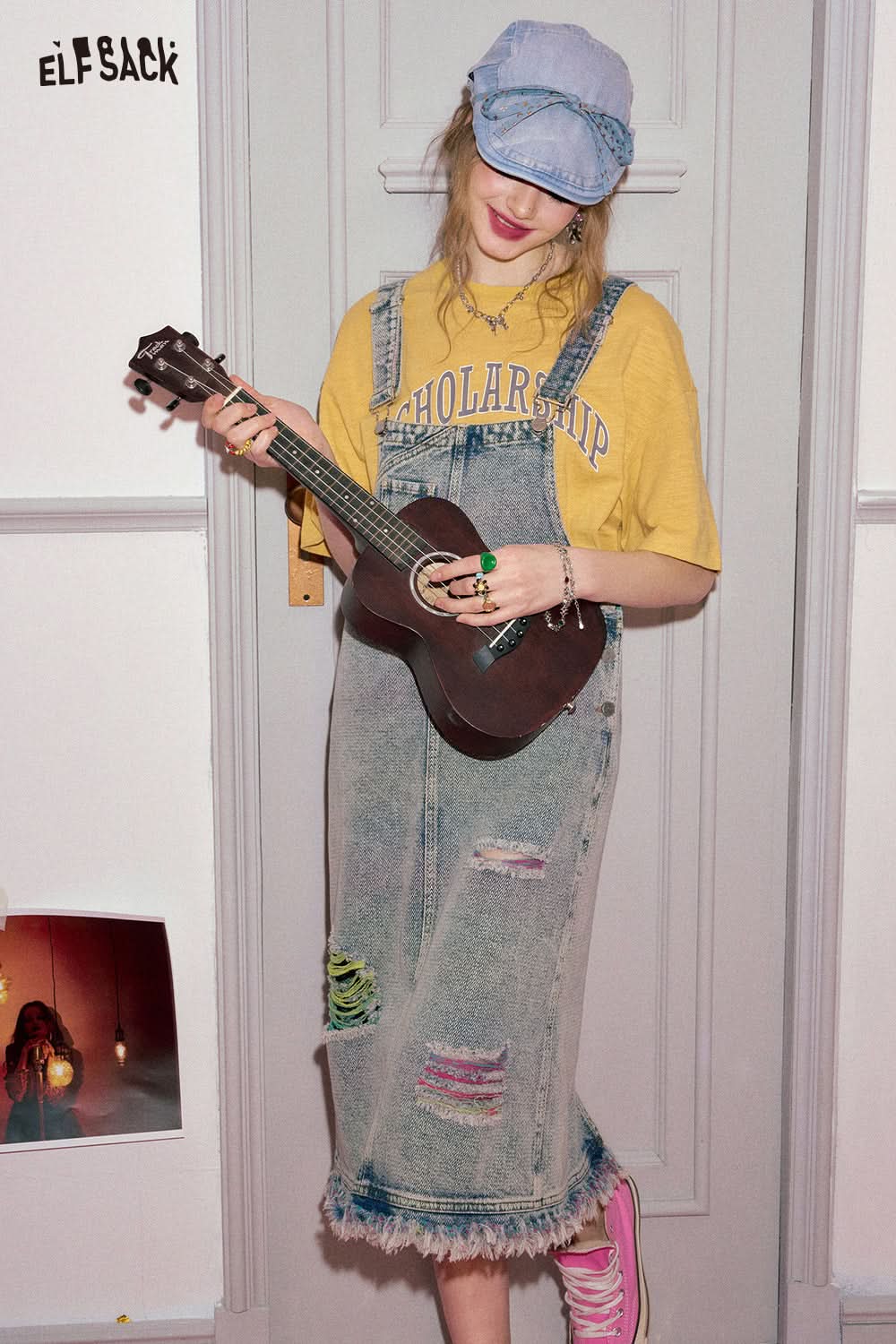 ELFSACK Colorful distressed denim camisole dress in spring, loose fit, small stature, and age reducing skirt