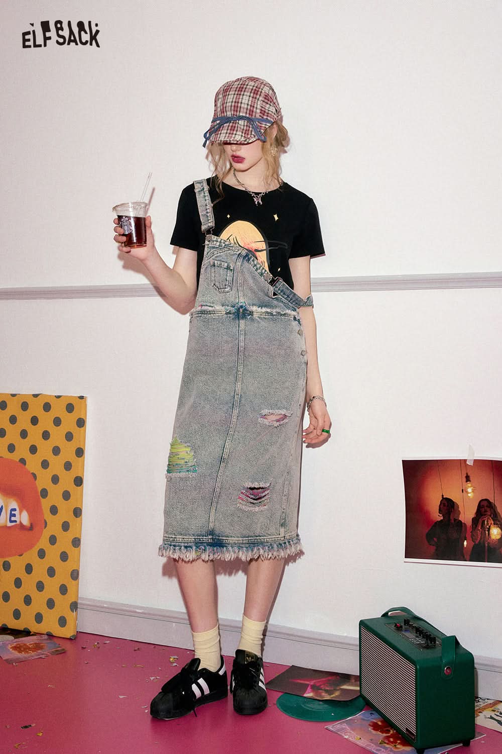 ELFSACK Colorful distressed denim camisole dress in spring, loose fit, small stature, and age reducing skirt