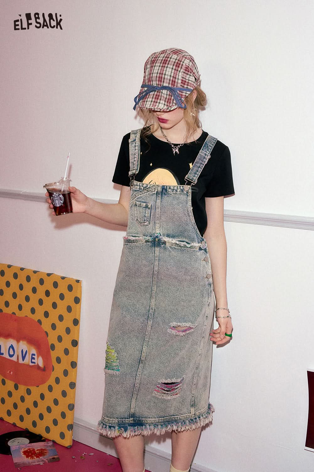 ELFSACK Colorful distressed denim camisole dress in spring, loose fit, small stature, and age reducing skirt