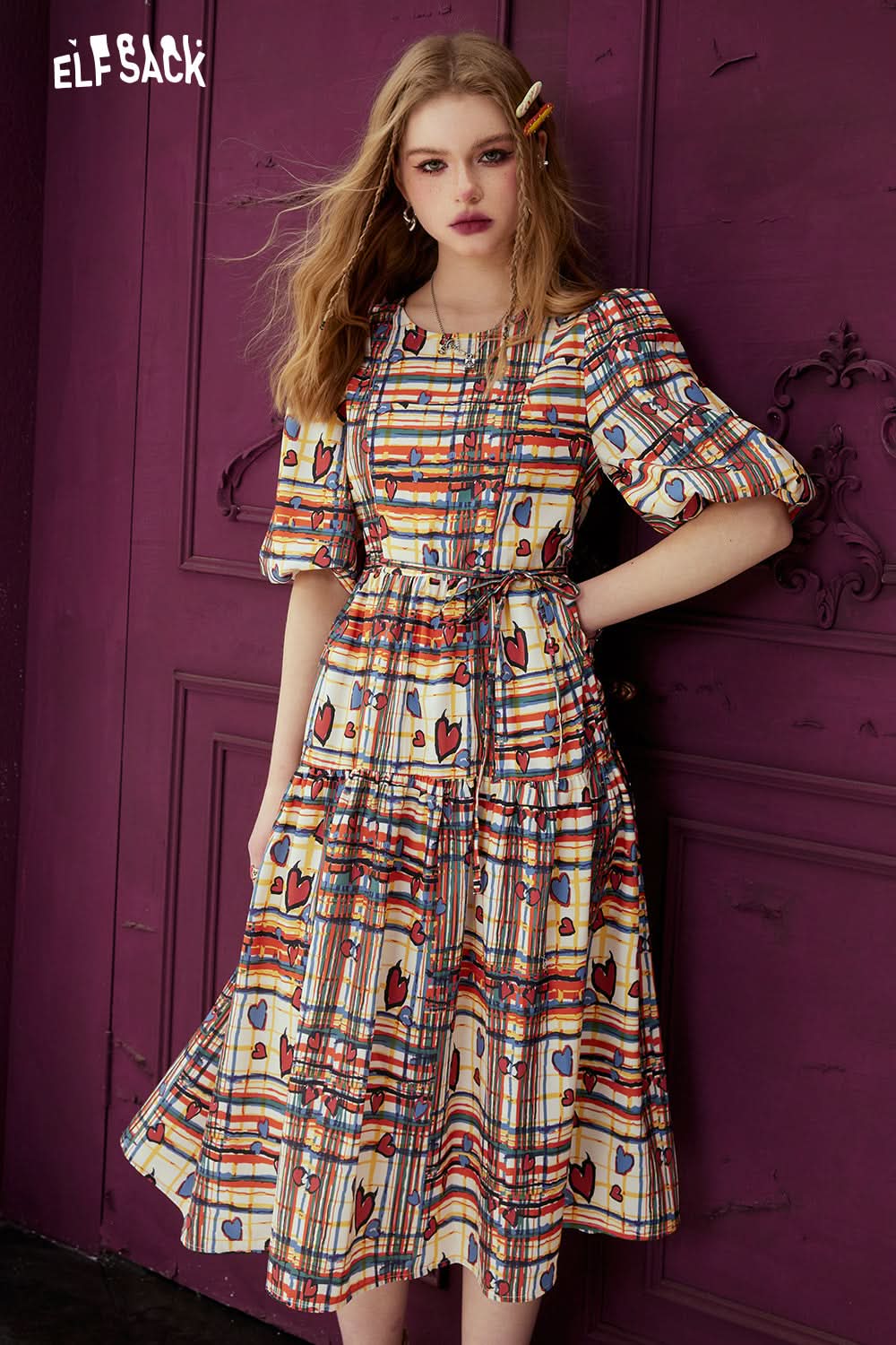 ELFSACK Colorful plaid bubble sleeve dress's spring, slim waist dress