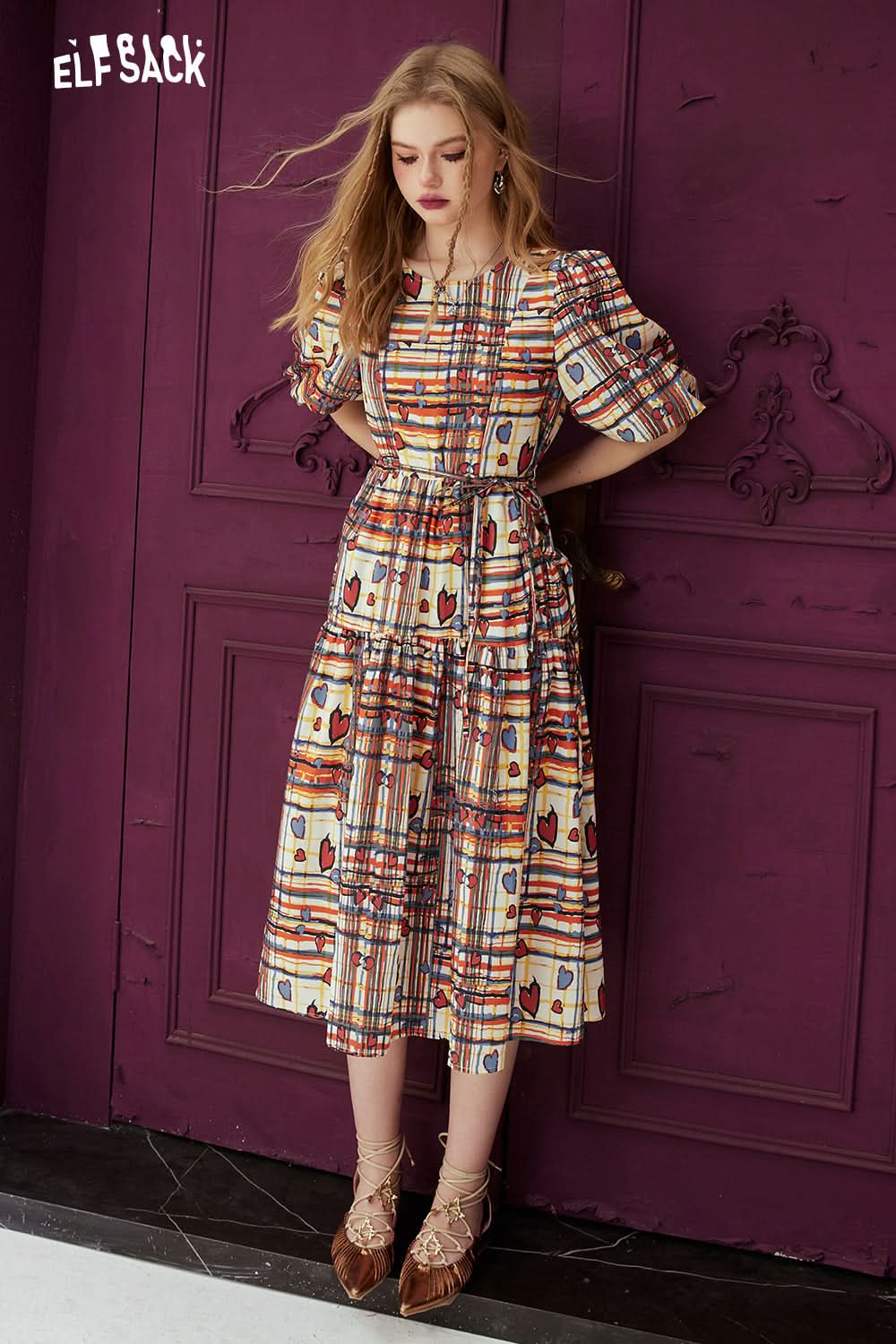 ELFSACK Colorful plaid bubble sleeve dress's spring, slim waist dress