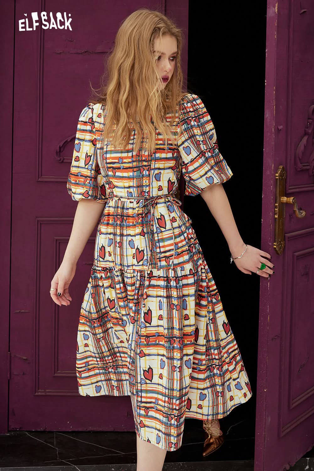 ELFSACK Colorful plaid bubble sleeve dress's spring, slim waist dress