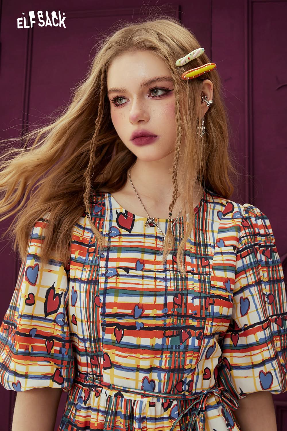 ELFSACK Colorful plaid bubble sleeve dress's spring, slim waist dress