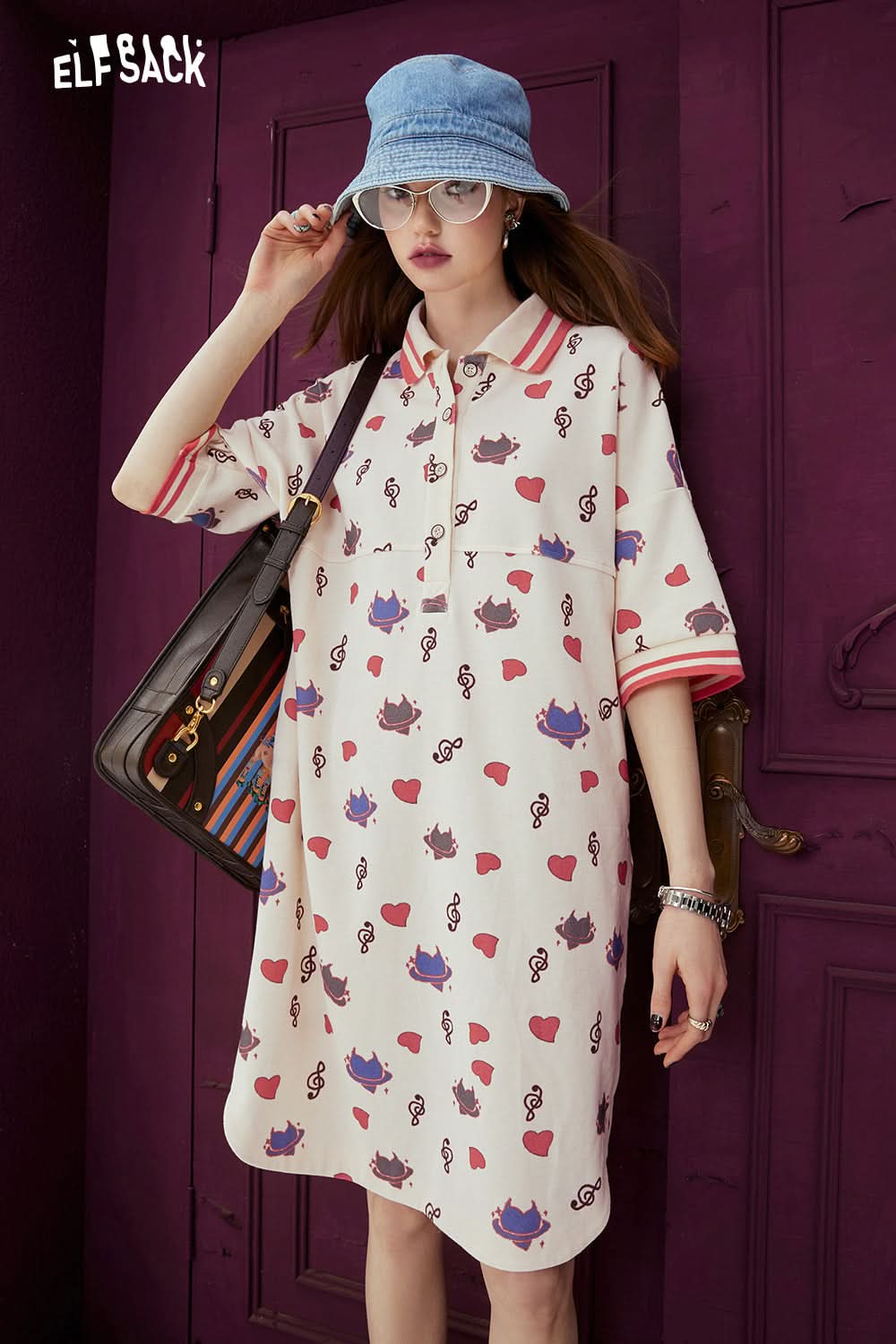 ELFSACK Printed polo neck t-shirt dress's spring loose small casual dress
