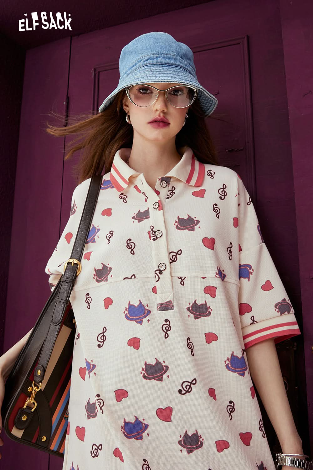 ELFSACK Printed polo neck t-shirt dress's spring loose small casual dress