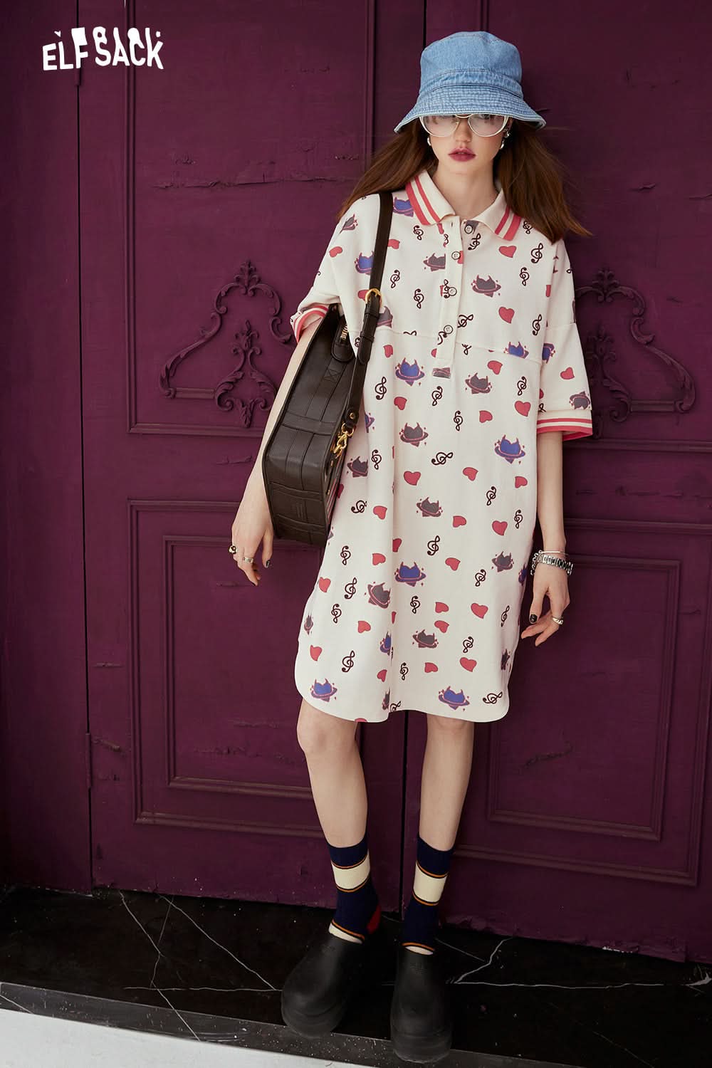 ELFSACK Printed polo neck t-shirt dress's spring loose small casual dress