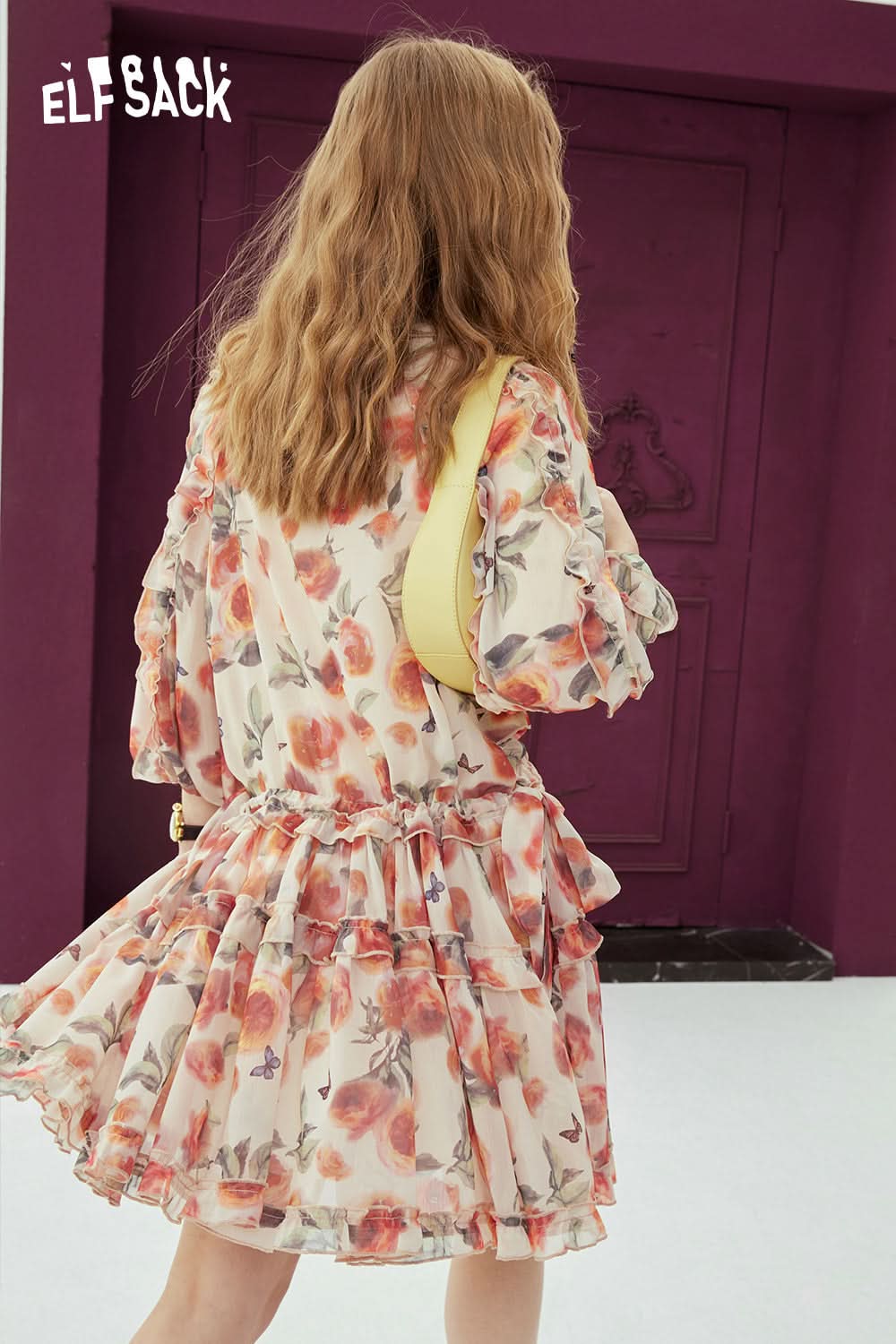 ELFSACK French V-neck floral dress's spring small and stunning holiday dress