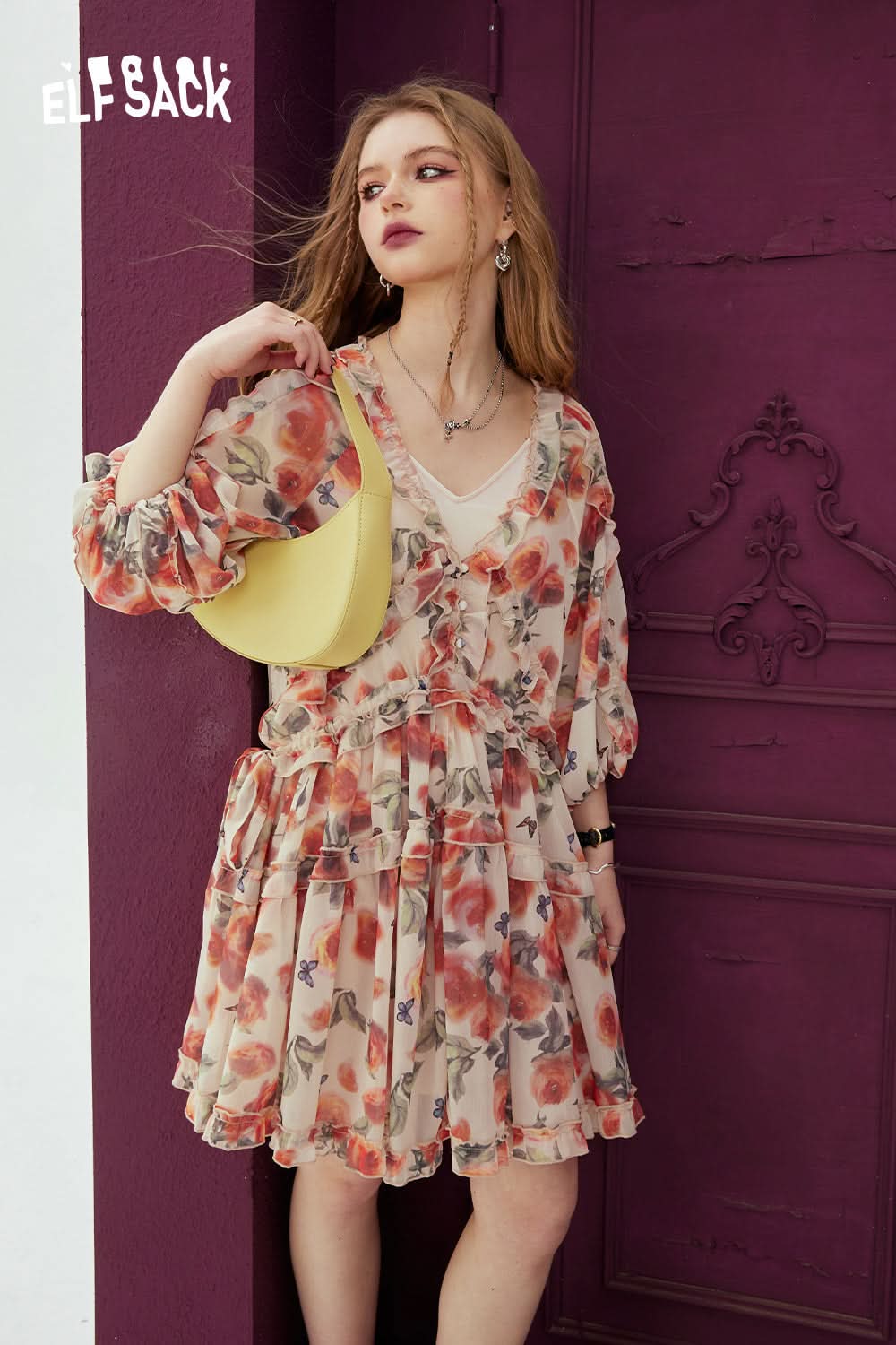ELFSACK French V-neck floral dress's spring small and stunning holiday dress