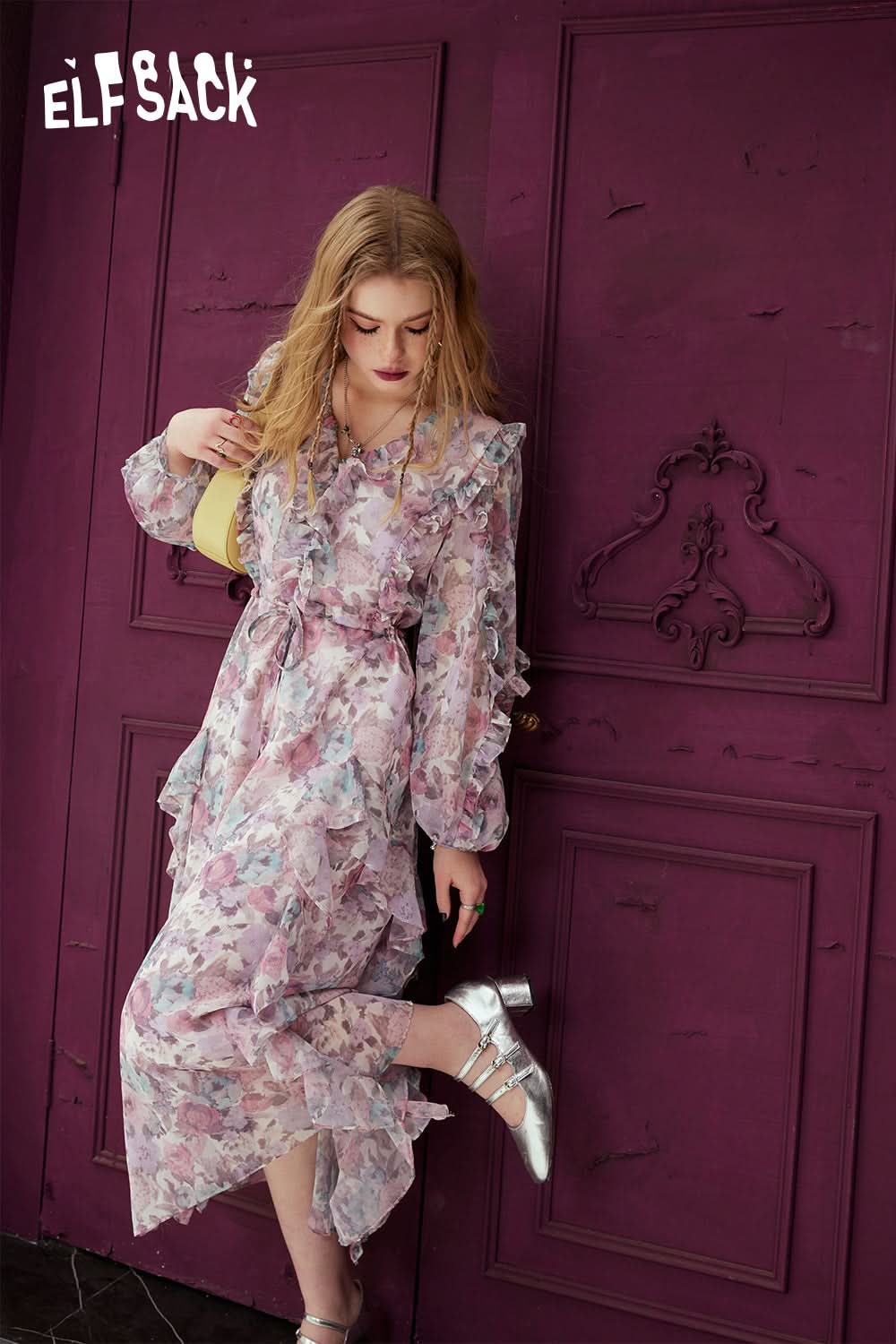 ELFSACK French V-neck floral dress in spring, slim waist and stunning holiday dress