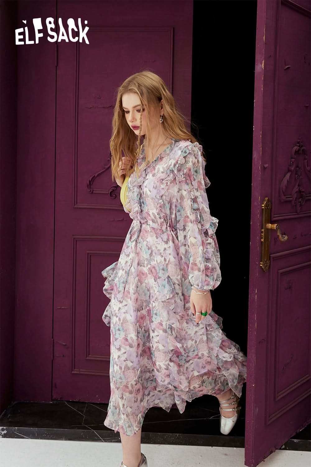 ELFSACK French V-neck floral dress in spring, slim waist and stunning holiday dress