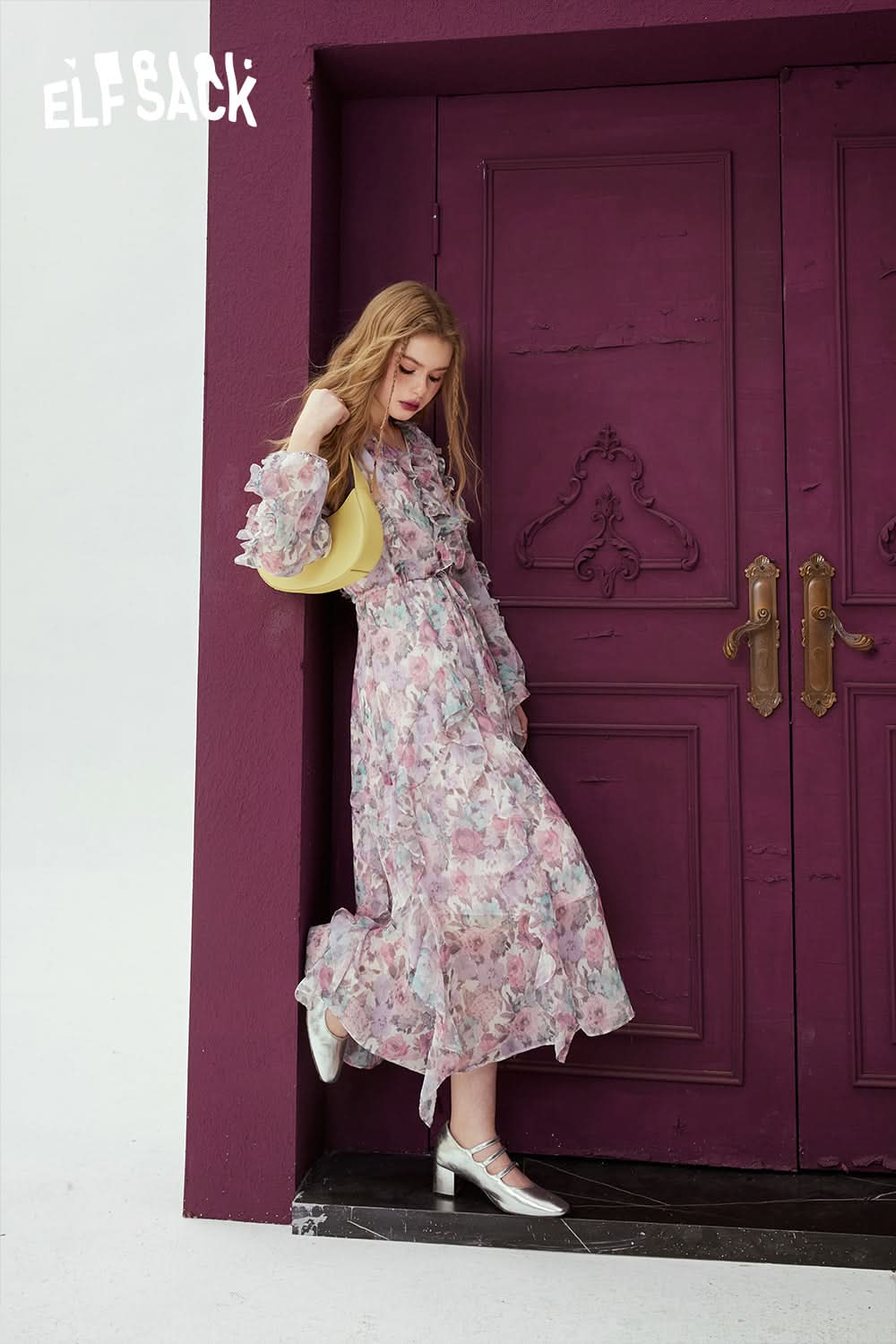 ELFSACK French V-neck floral dress in spring, slim waist and stunning holiday dress