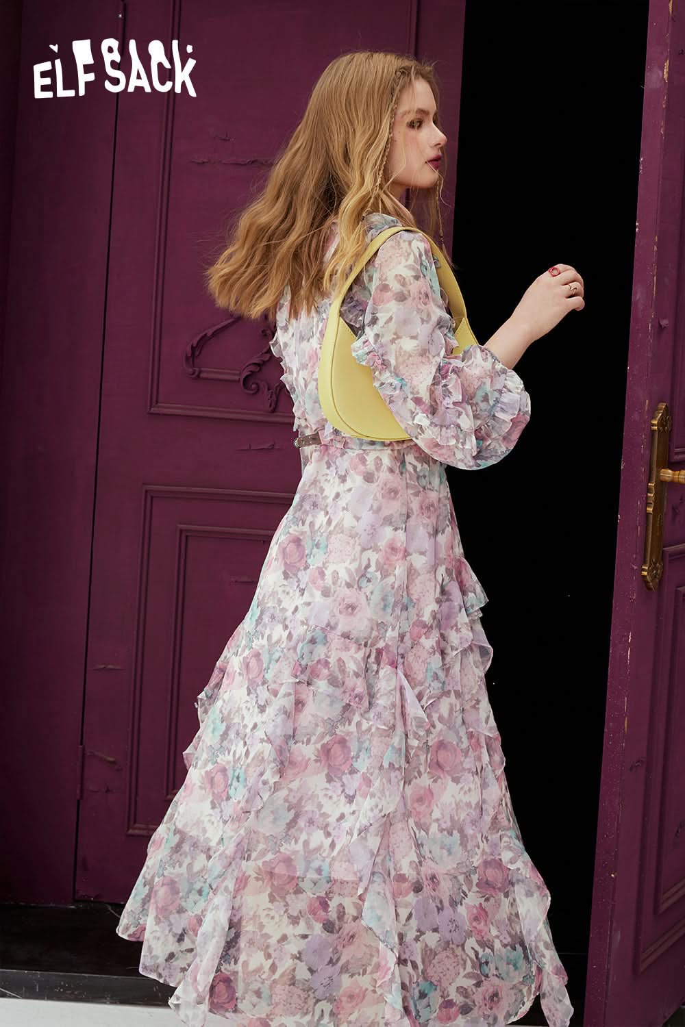 ELFSACK French V-neck floral dress in spring, slim waist and stunning holiday dress