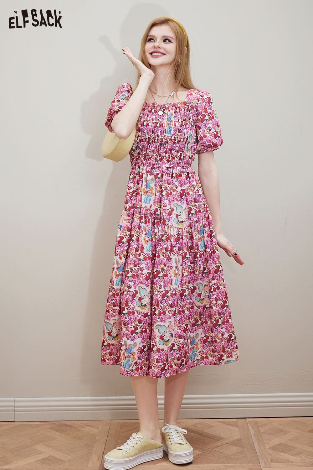 ELFSACK Palace style full print square neck dress in spring, design sense, waist cinching princess dress