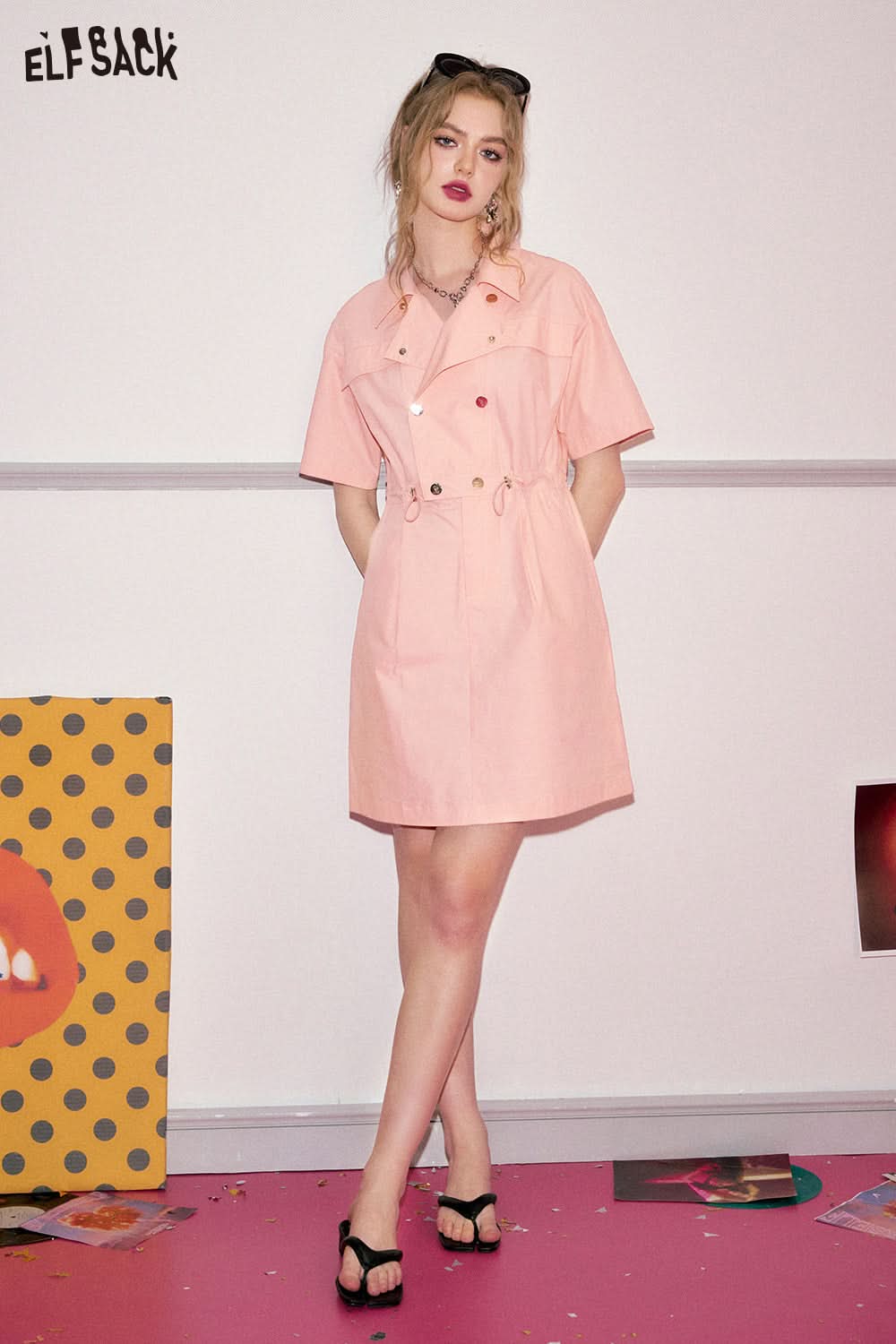 ELFSACK Workwear style casual dress in spring, small stature waist slimming holiday dress