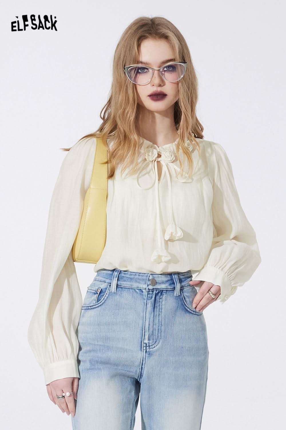 ELFSACK court style french style white blouse fit in spring ruffle sleeve solid color frill casual fashion top
