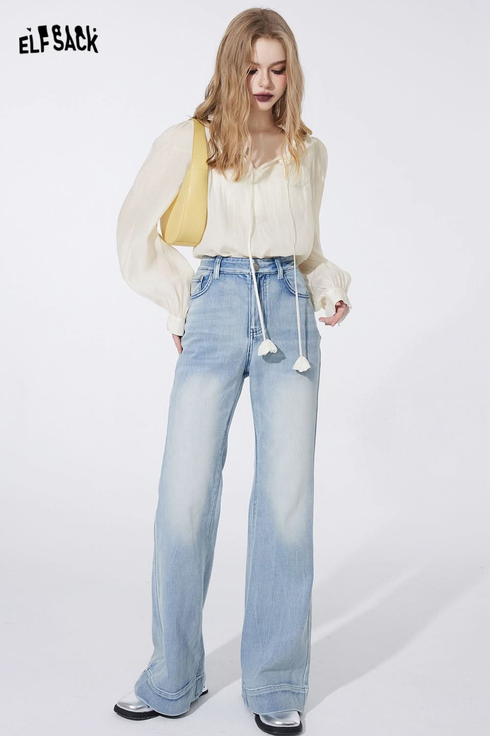 ELFSACK court style french style white blouse fit in spring ruffle sleeve solid color frill casual fashion top