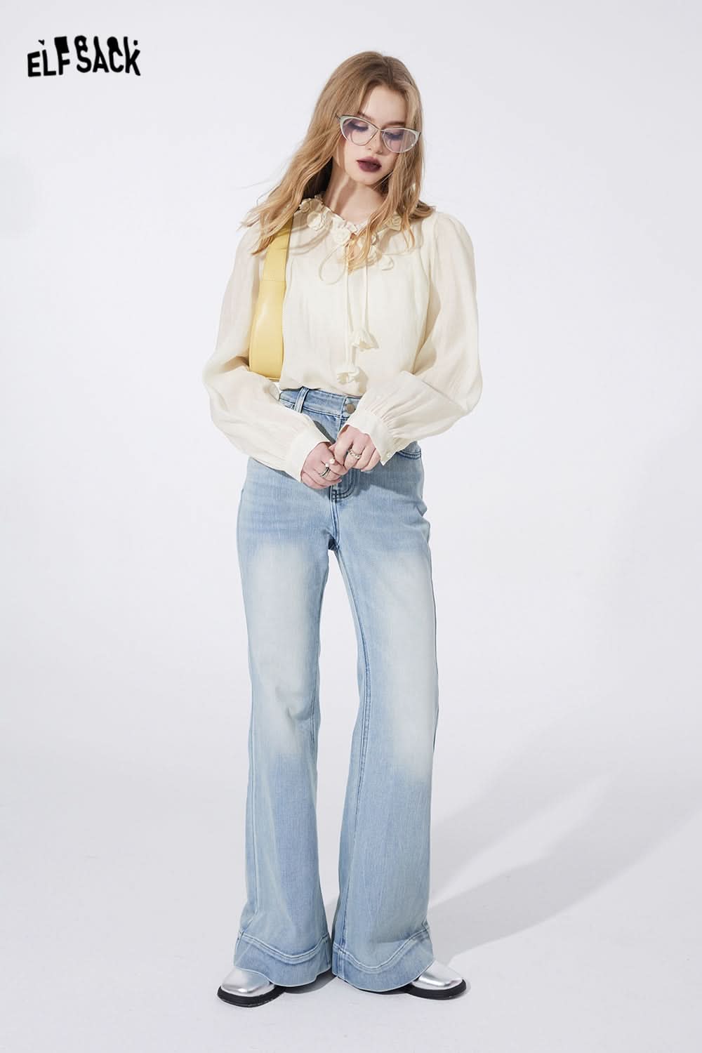 ELFSACK court style french style white blouse fit in spring ruffle sleeve solid color frill casual fashion top